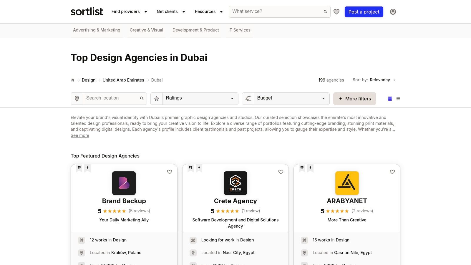 A screenshot of the Sortlist website showcasing a curated list of design agencies in Dubai, with project briefing options highlighted.