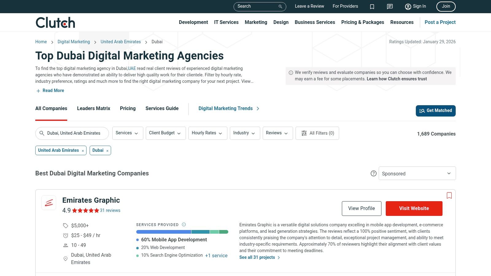 A screenshot of the Clutch website showing a directory of top digital marketing agencies in Dubai.