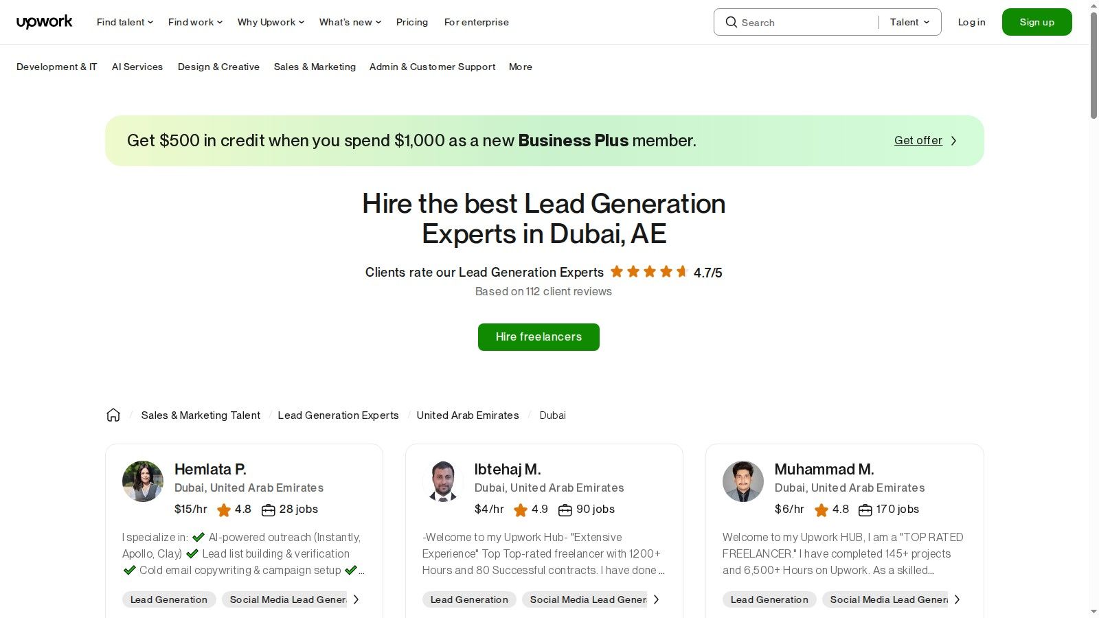Upwork (Hire Dubai-based lead-gen specialists)