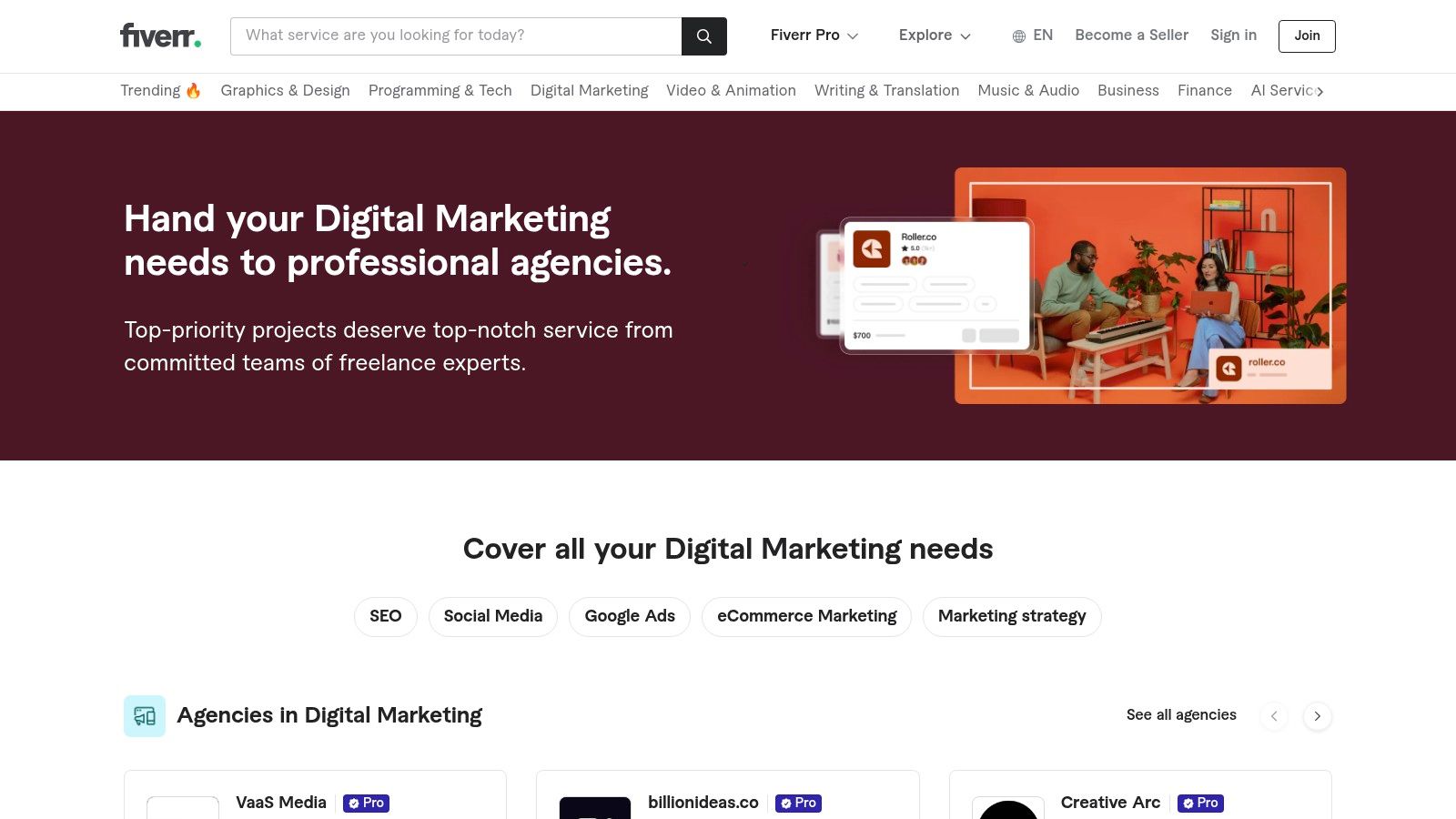 A screenshot of the Fiverr Pro (Agencies) website, showing vetted digital marketing teams and their service packages.