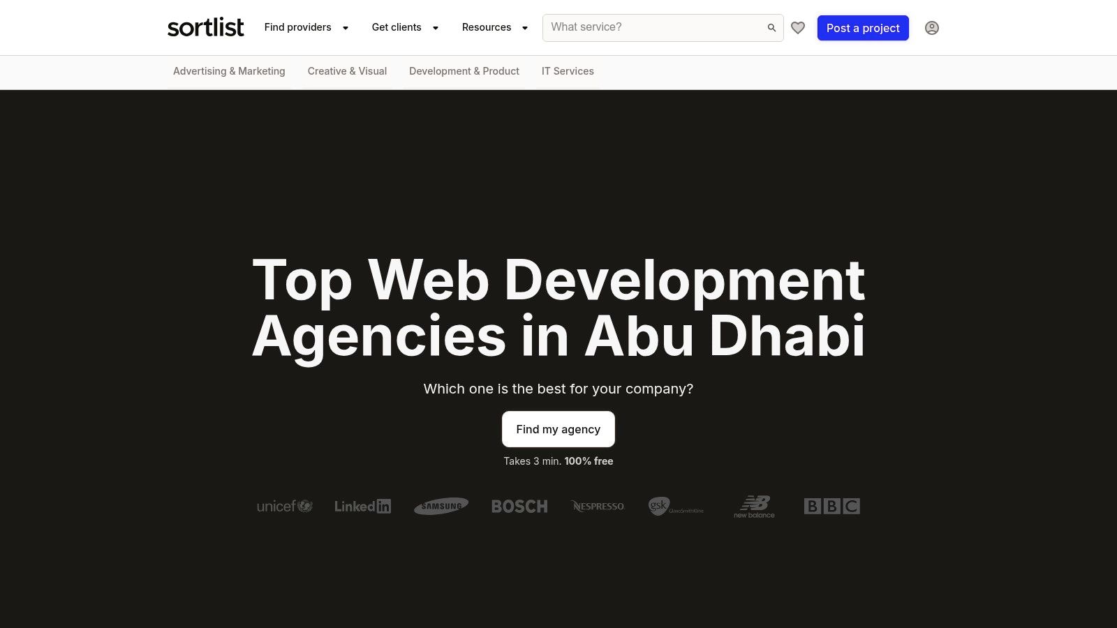A screenshot of the Sortlist platform showing a listing for a web development company in Abu Dhabi, highlighting budget and services.
