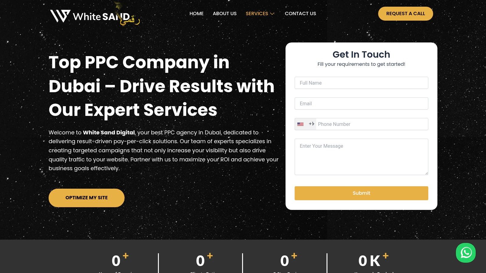 A screenshot of the White Sands Digital website homepage, showcasing their services and branding.