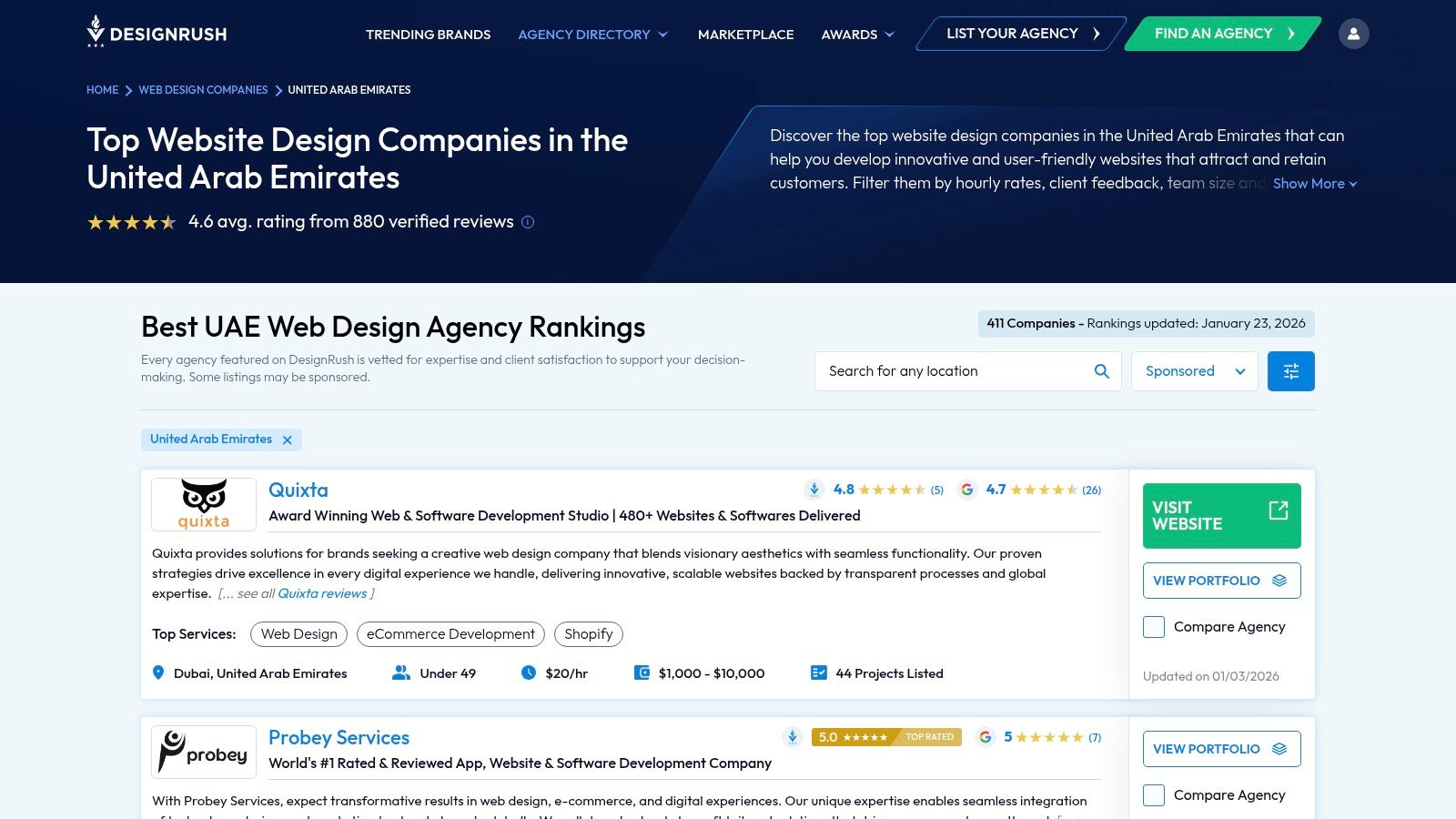 DesignRush user interface showing a list of UAE web design companies, with filters for budget, location, and services.