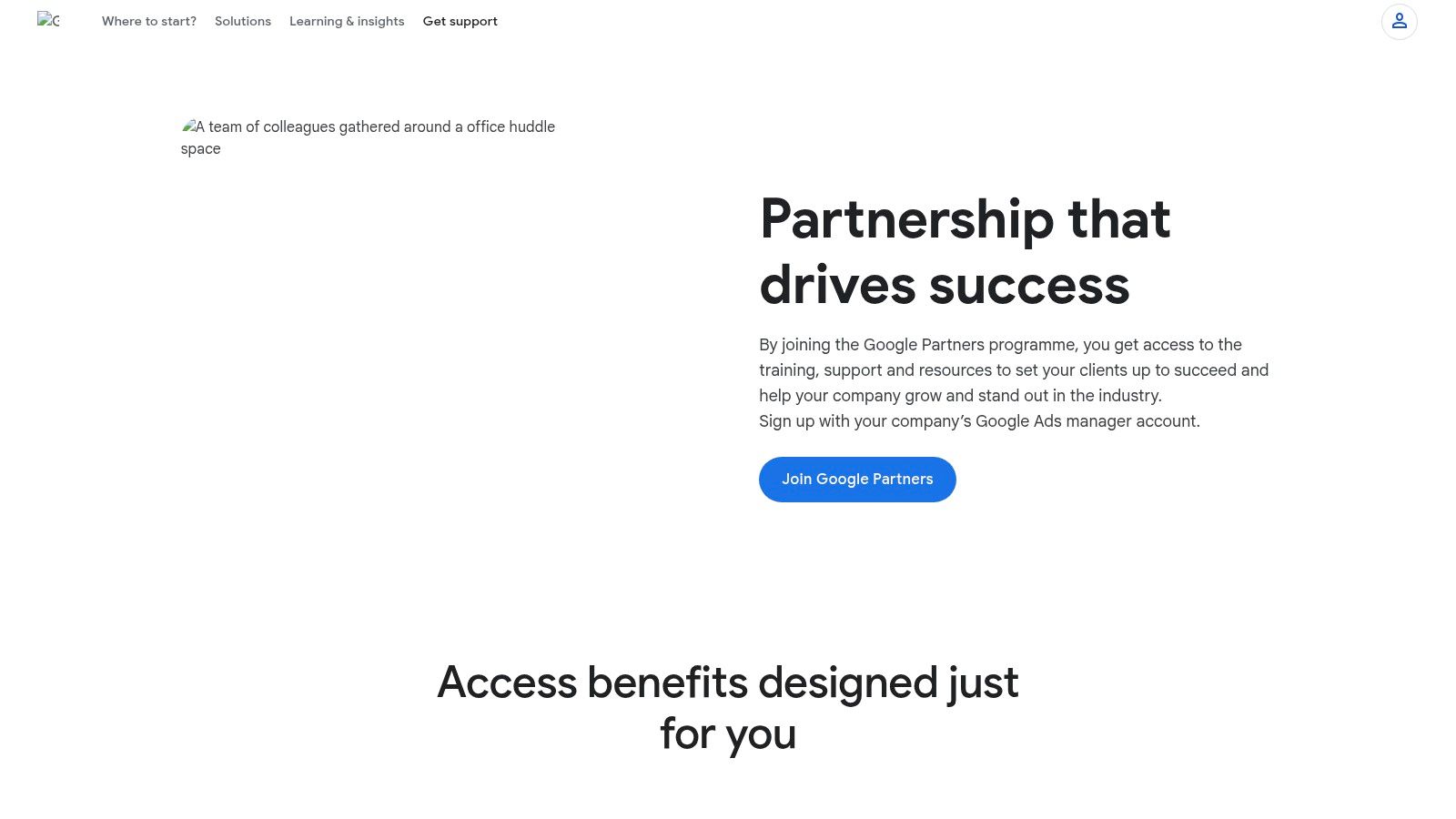 A screenshot of the Google Partners directory, showing a search bar to find partners and highlighting the different partner tiers.