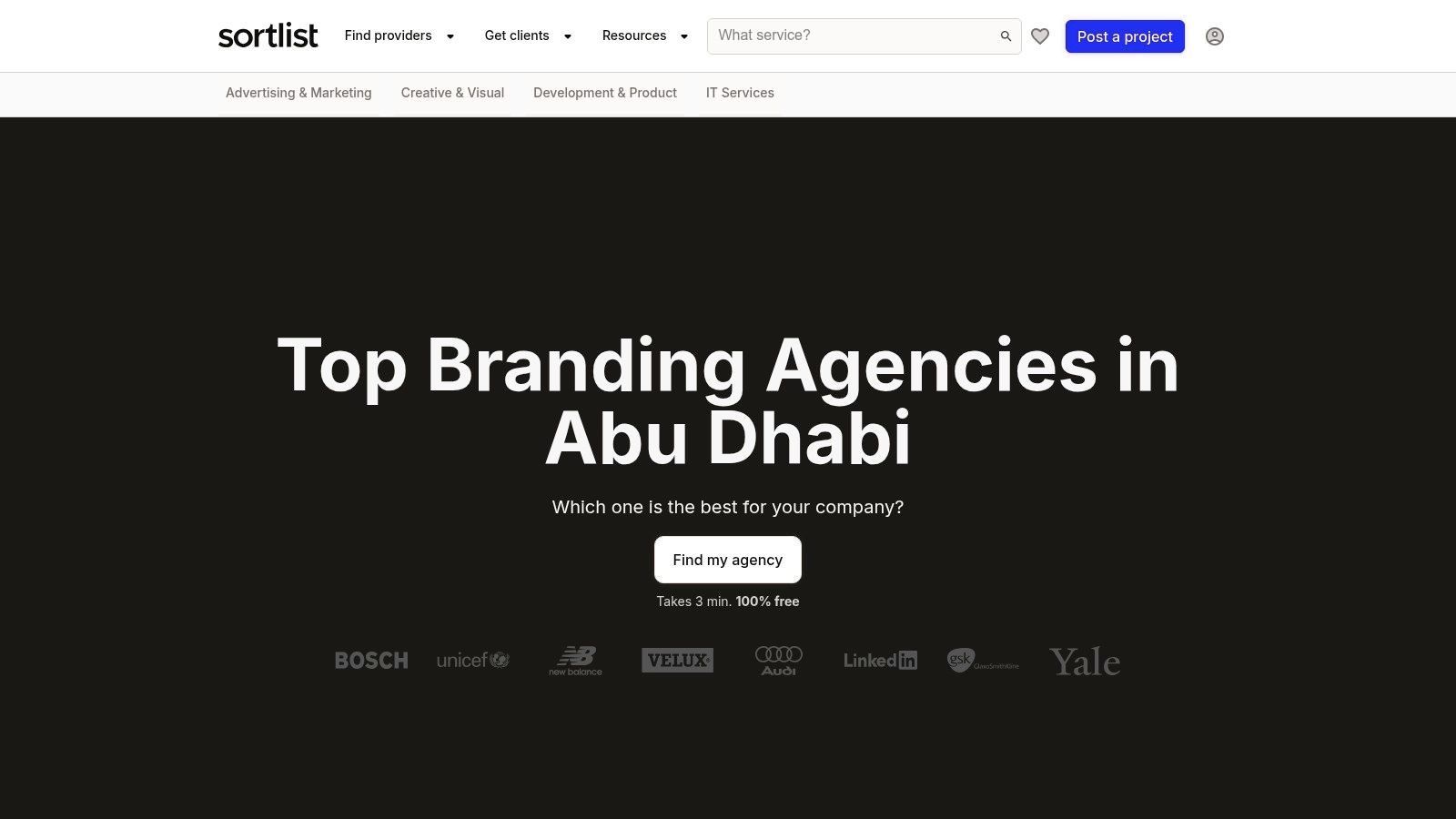 A screenshot of the Sortlist website showing a filtered list of branding agencies in Abu Dhabi, displaying agency names, locations, and team sizes.