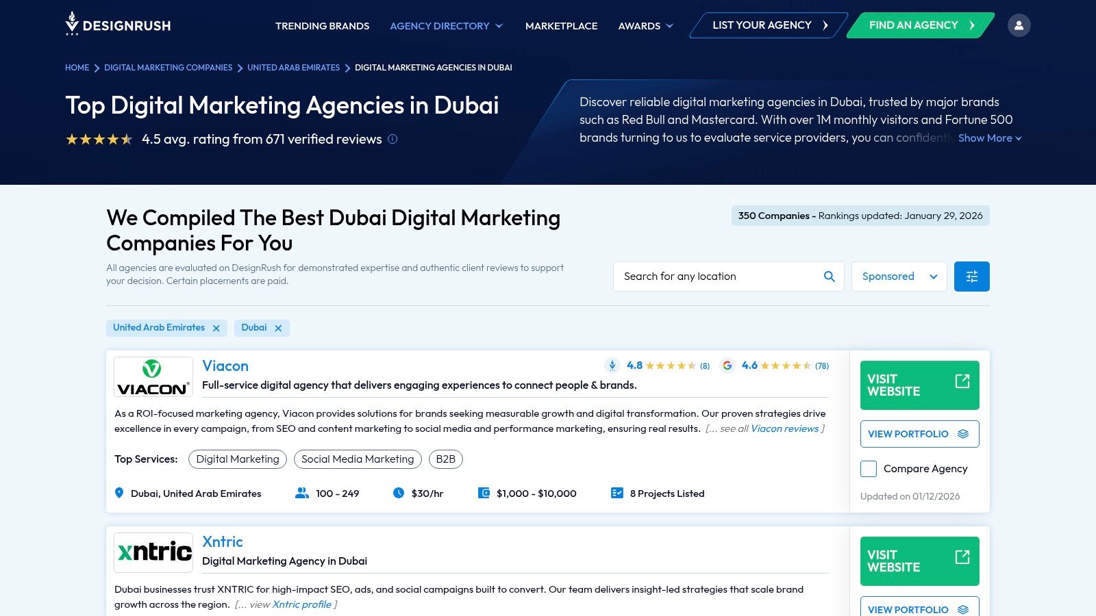 A screenshot of the DesignRush website showcasing a list of top digital marketing agencies in Dubai.