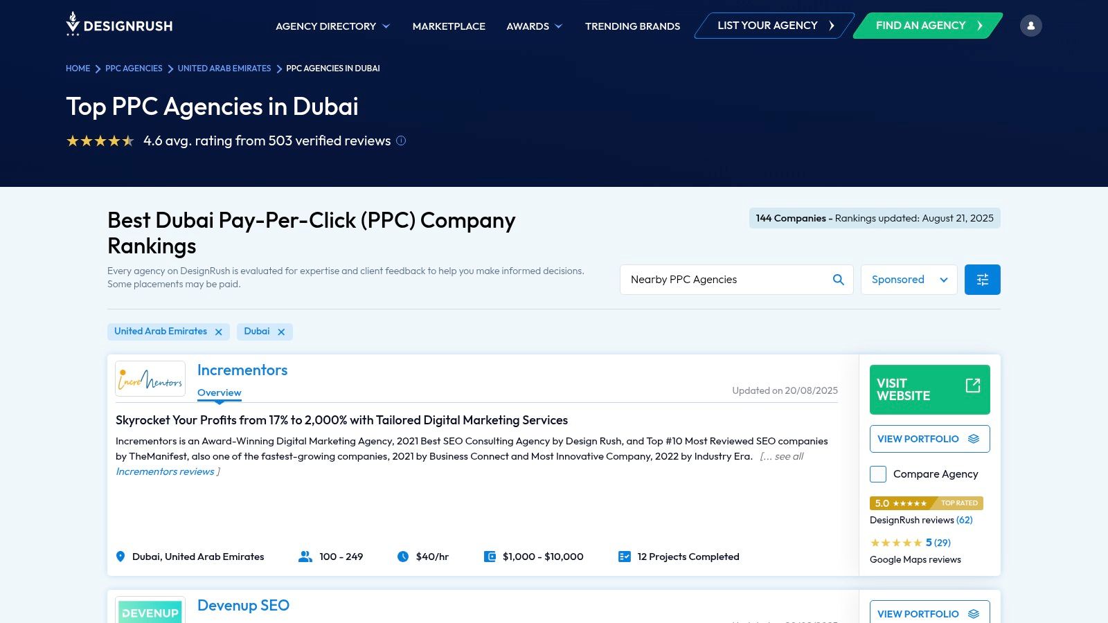 A screenshot of the DesignRush website showcasing its list of top PPC agencies in Dubai, with each agency profile displayed as a card showing key details like minimum project size and team size.