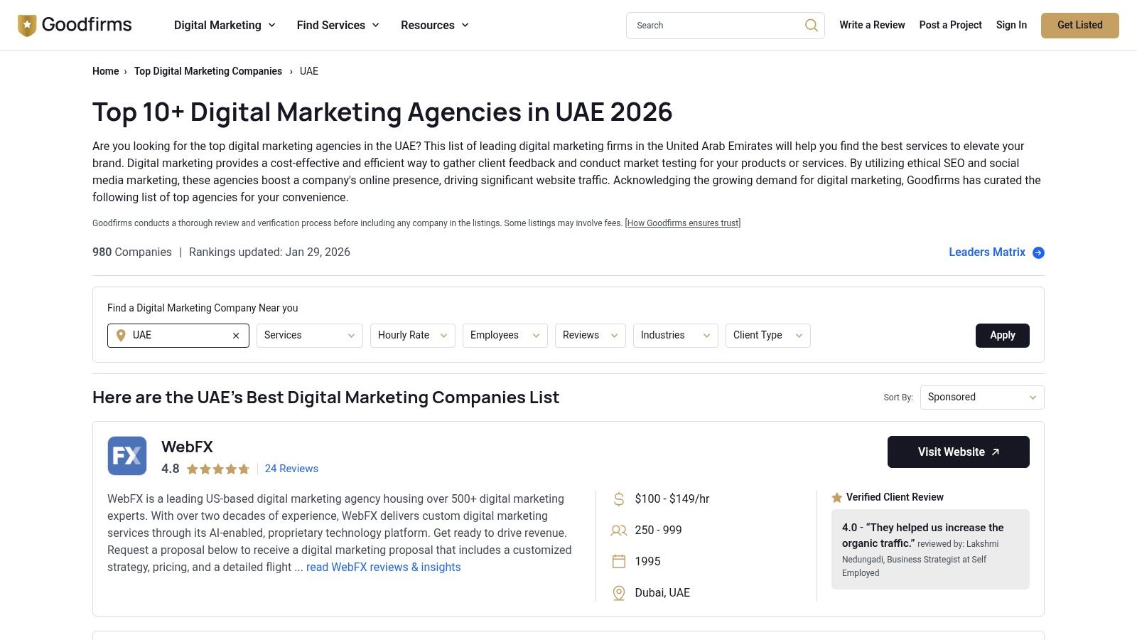 A screenshot of the GoodFirms website showing a directory of top digital marketing companies in the UAE.