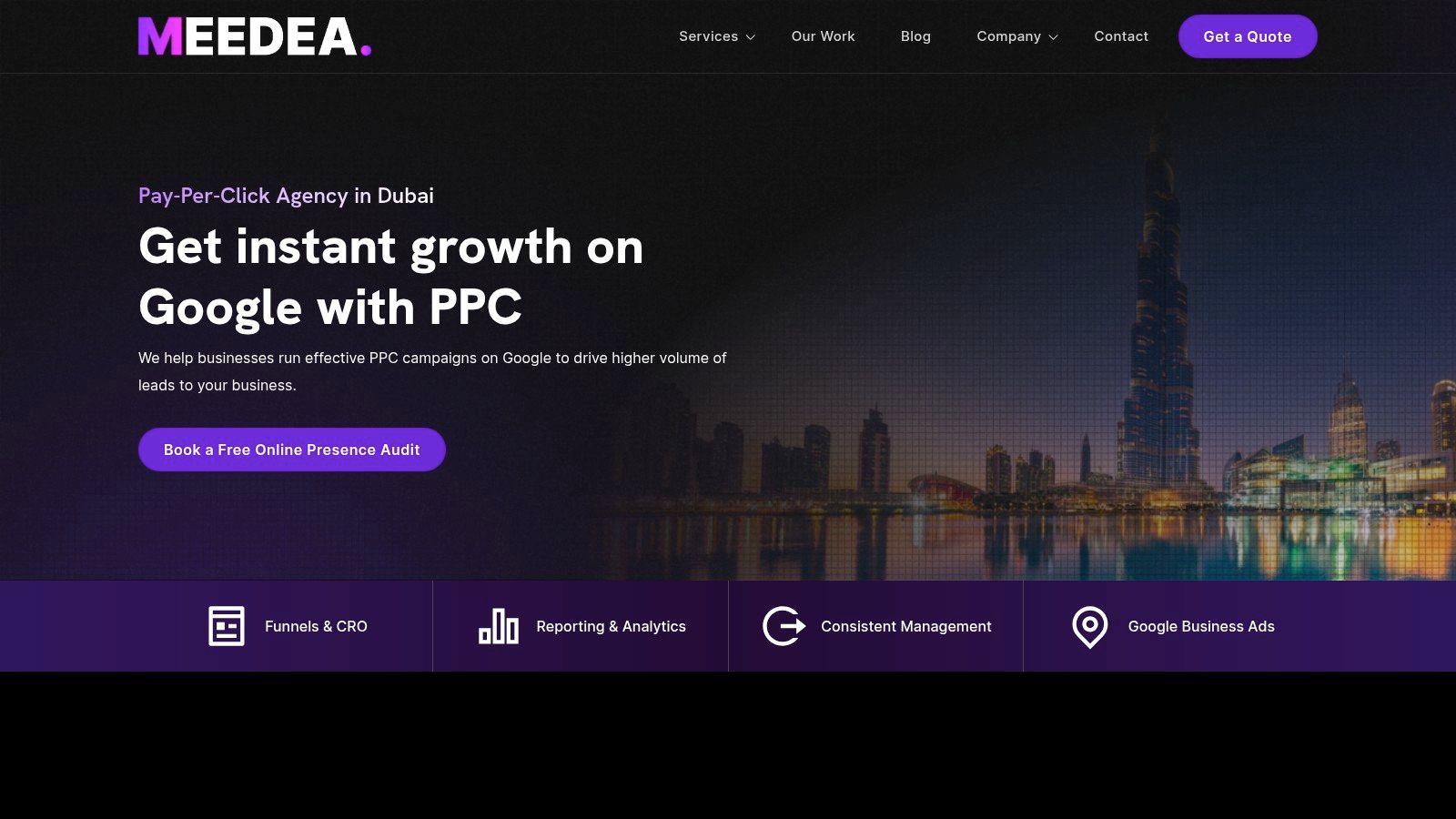 A screenshot of the MEEDEA website homepage, highlighting their core services and value proposition.