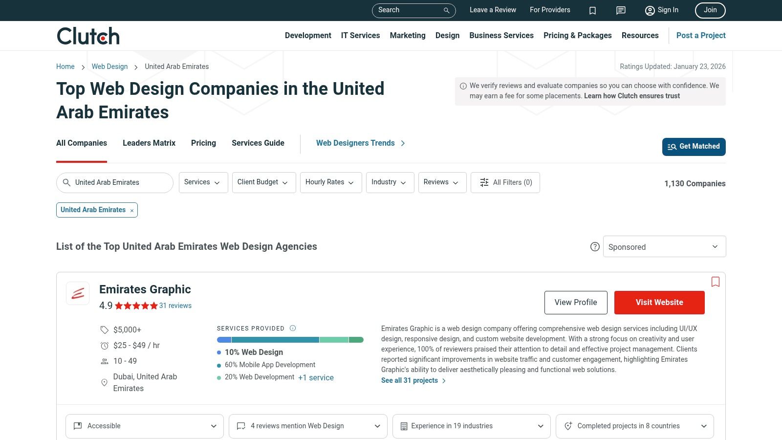 Clutch user interface showing a list of web design companies in Sharjah, with filters for location, services, and client reviews.