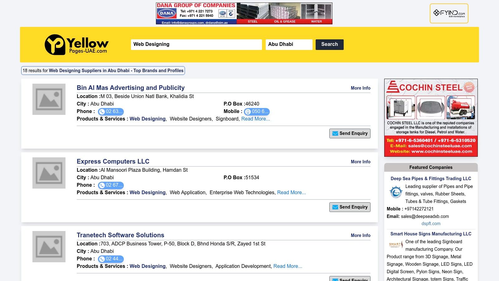 Yellow Pages UAE showing a list of web design companies in Abu Dhabi with contact details.