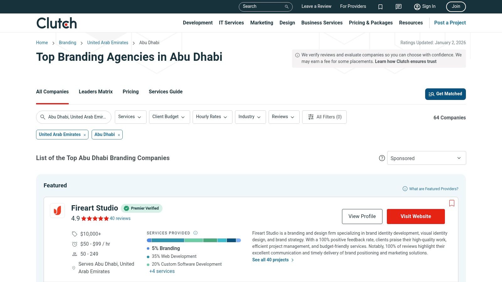 A screenshot of the Clutch website showing a list of top branding agencies in Abu Dhabi, highlighting their ratings, reviews, and service focus.