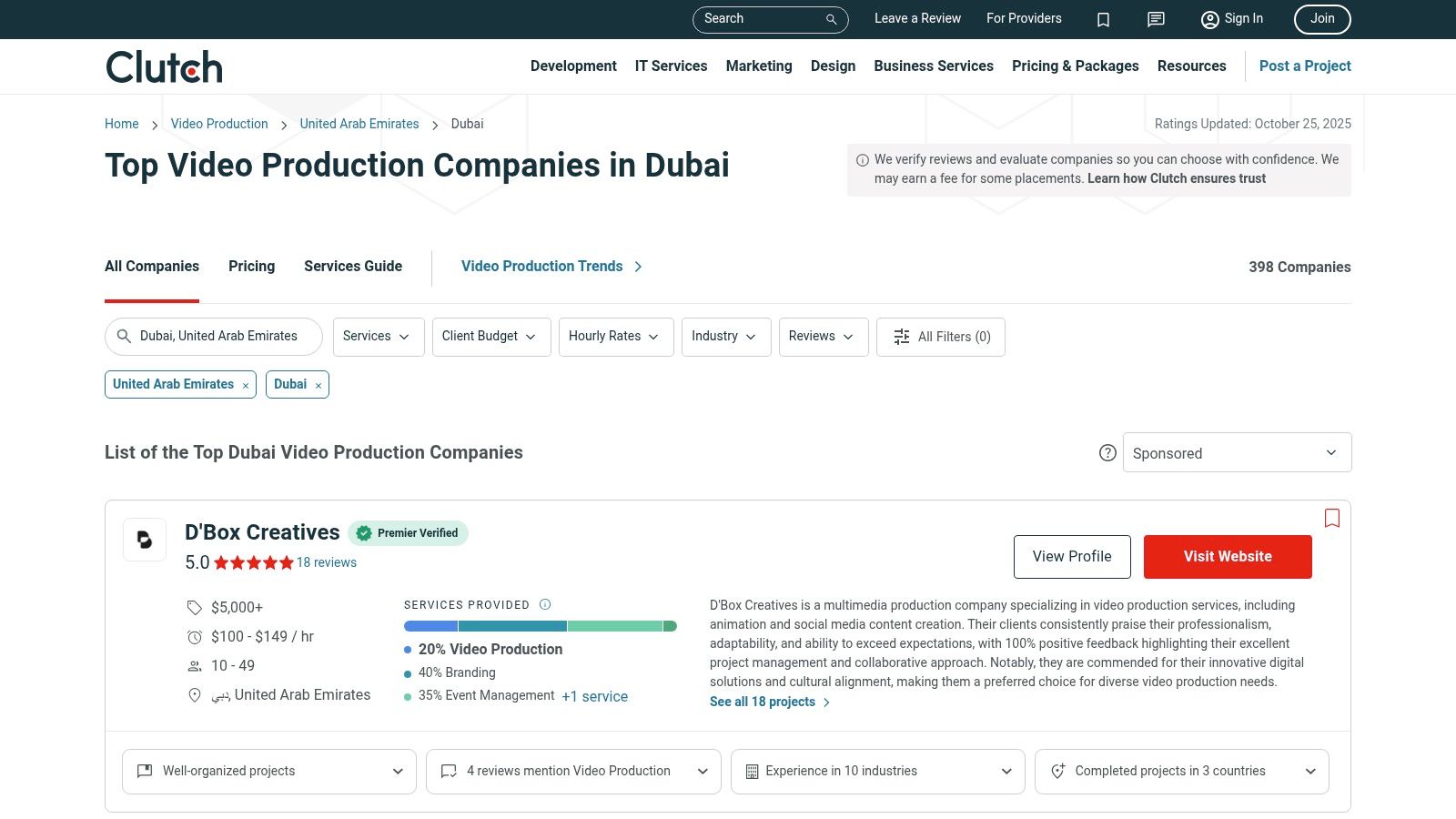 A screenshot of the Clutch website, showing a list of top video production companies in Dubai with filters for services, client budget, and industry focus.