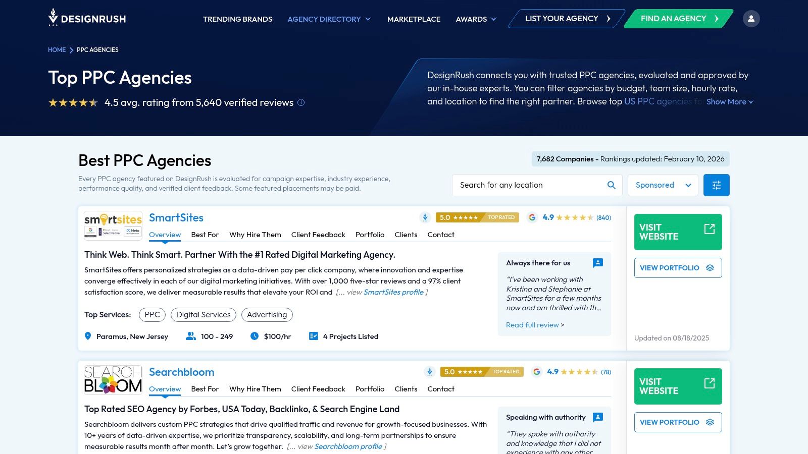 A screenshot of the DesignRush website showcasing its directory for PPC agencies, with filters for services, budget, and location.