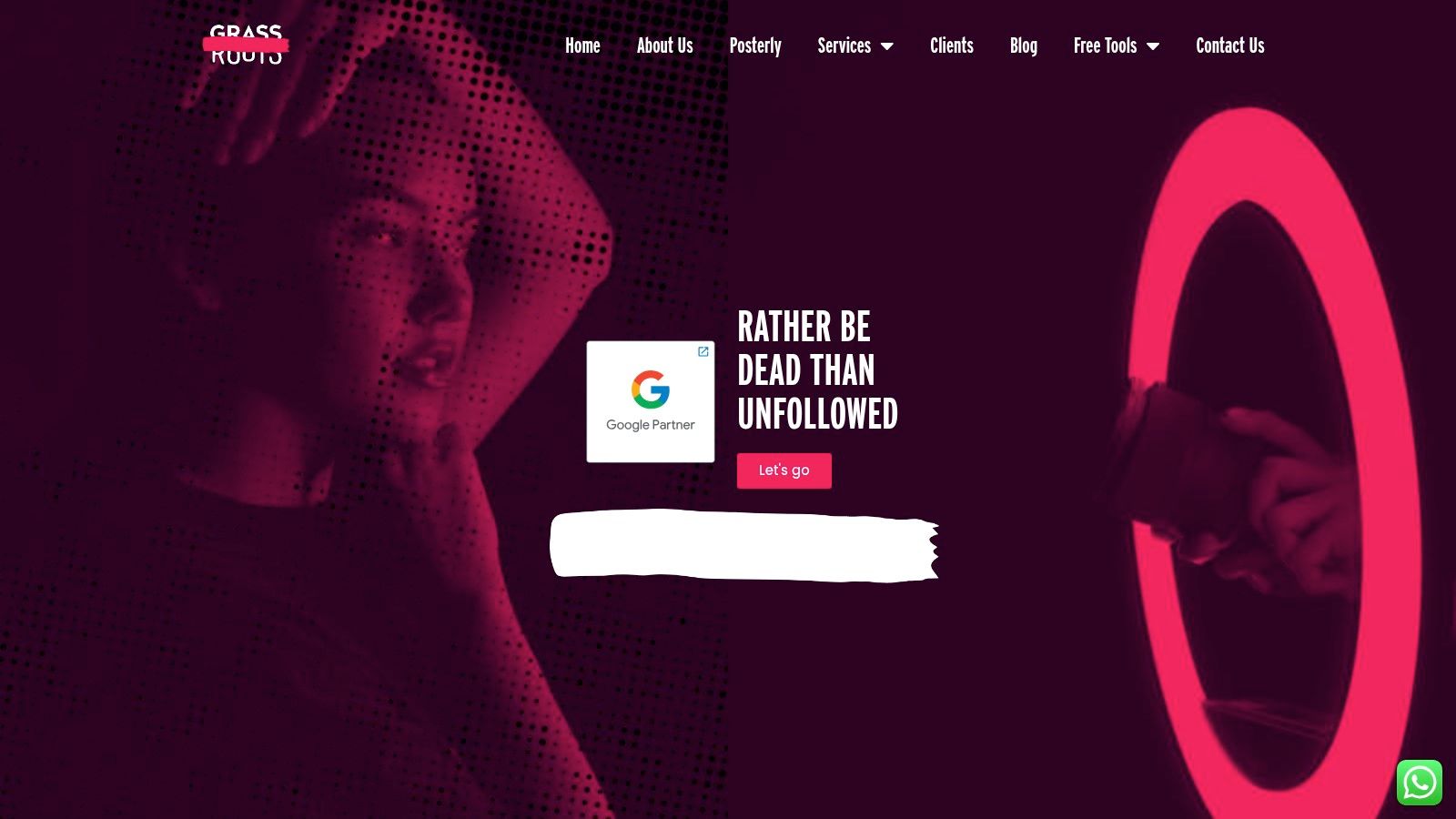 A screenshot of the Grassroots Creative Agency website homepage, showcasing their bold design and clear messaging.