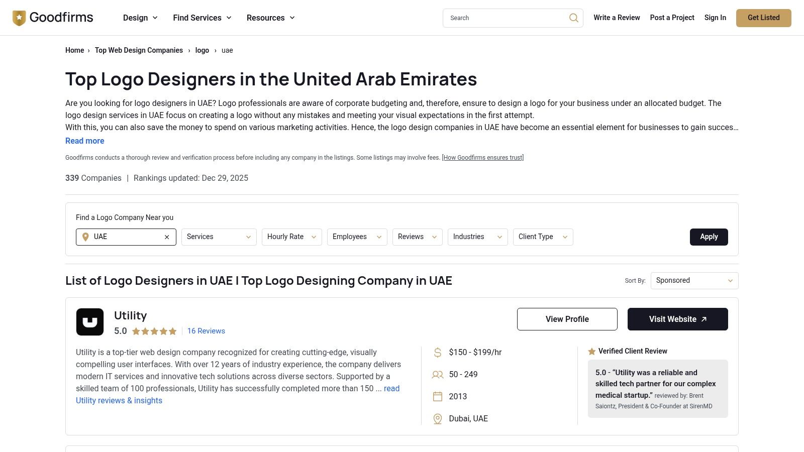 A screenshot of the GoodFirms website showing a list of top design companies in the UAE, with filters and company profiles.
