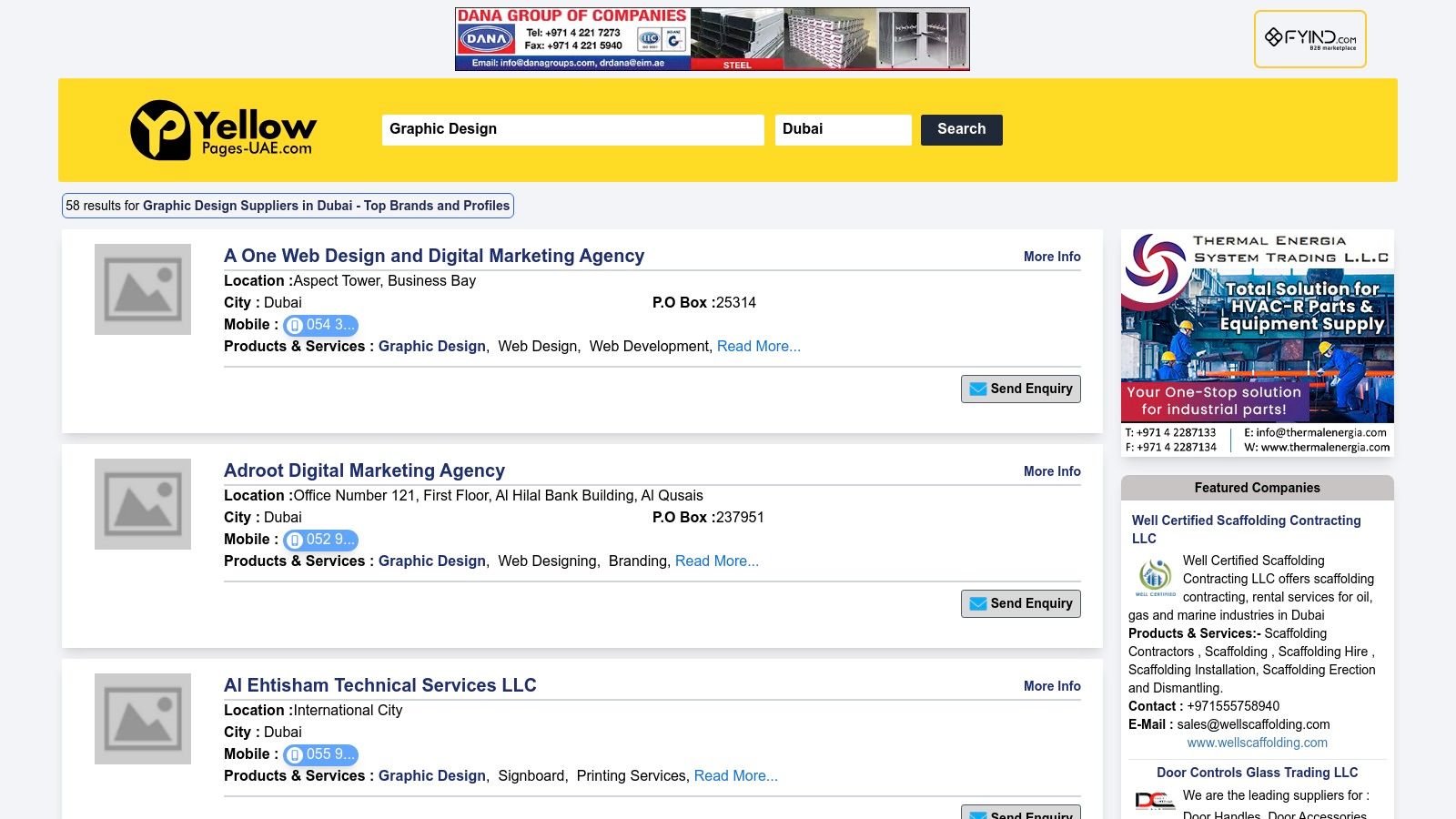 A screenshot of the YellowPages UAE website, showing a directory list of graphic design companies in Dubai with contact details and enquiry forms.