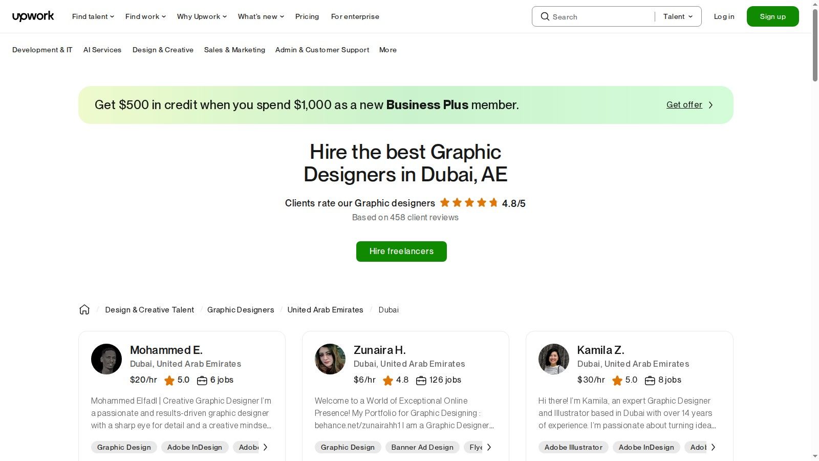 A screenshot of the Upwork platform displaying profiles of graphic designers based in Dubai, with details like job success scores and hourly rates.