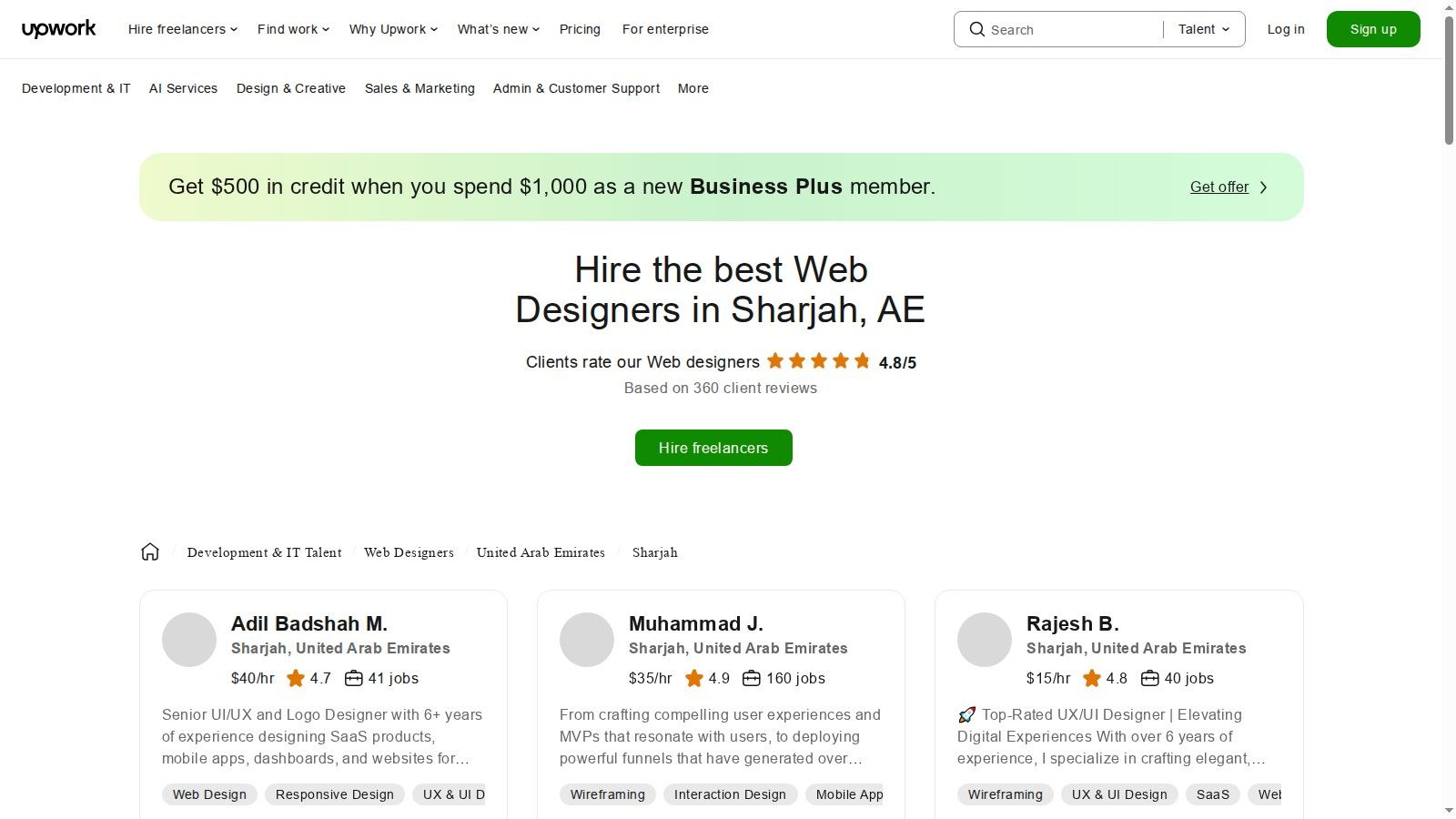 Upwork user interface showing profiles of web designers in Sharjah, with hourly rates and job success scores.