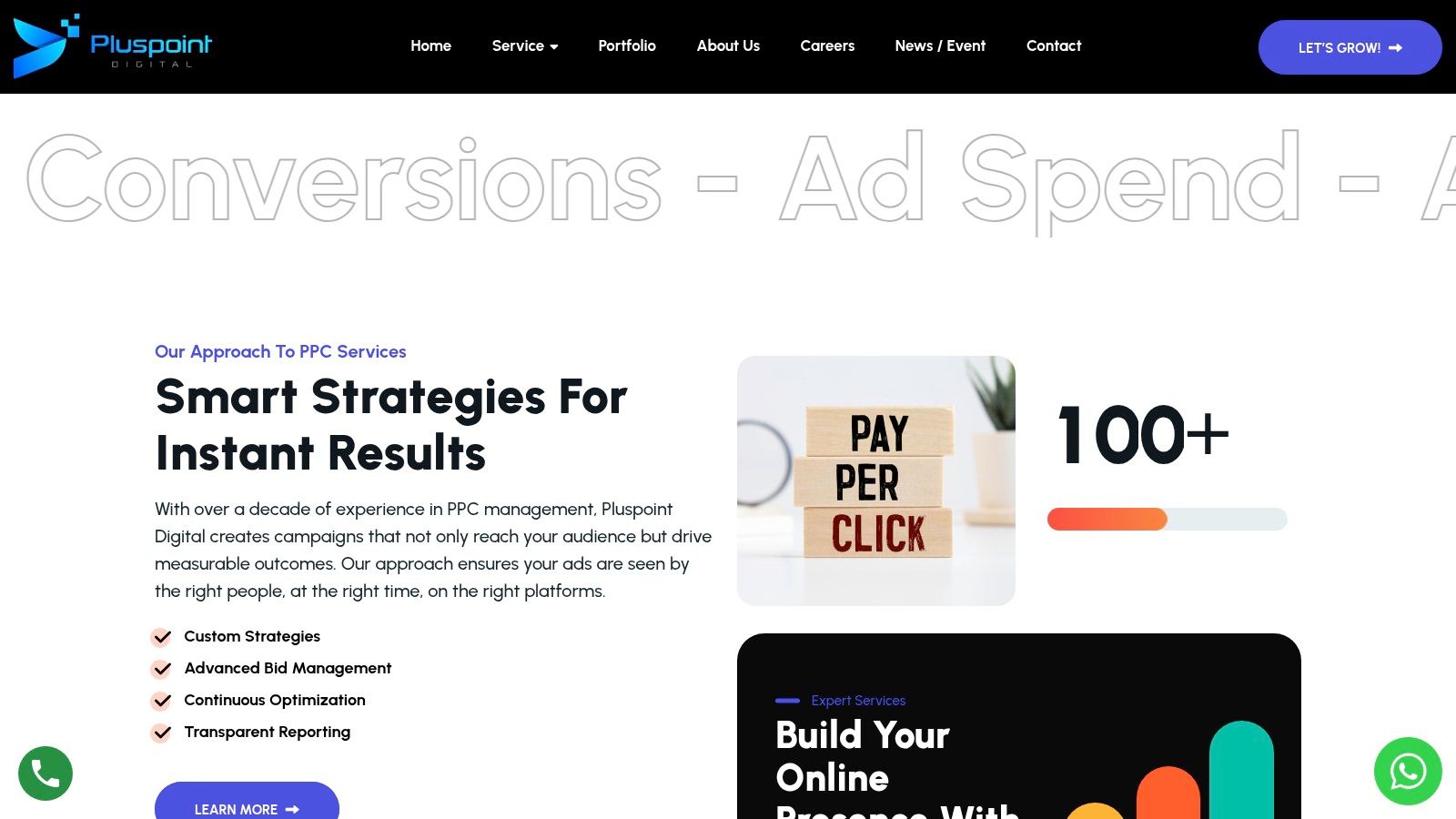 A screenshot of the Pluspoint Digital website, highlighting their focus on digital marketing services.
