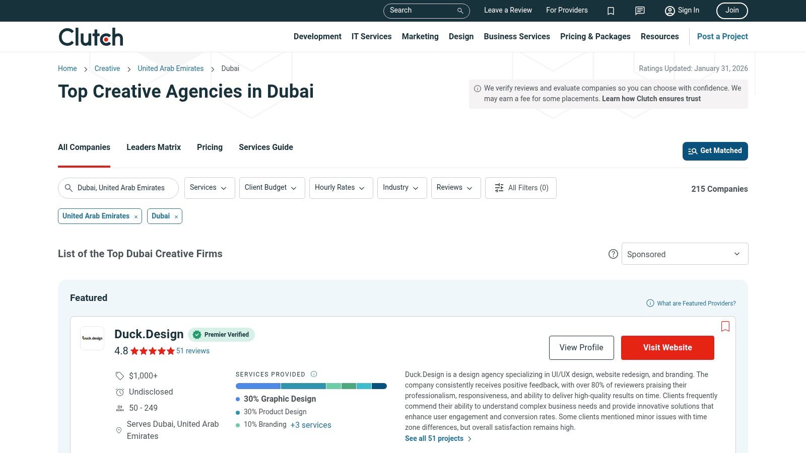 A screenshot of the Clutch website showing a list of creative agencies in Dubai, with filters for services, client budget, and industry focus.