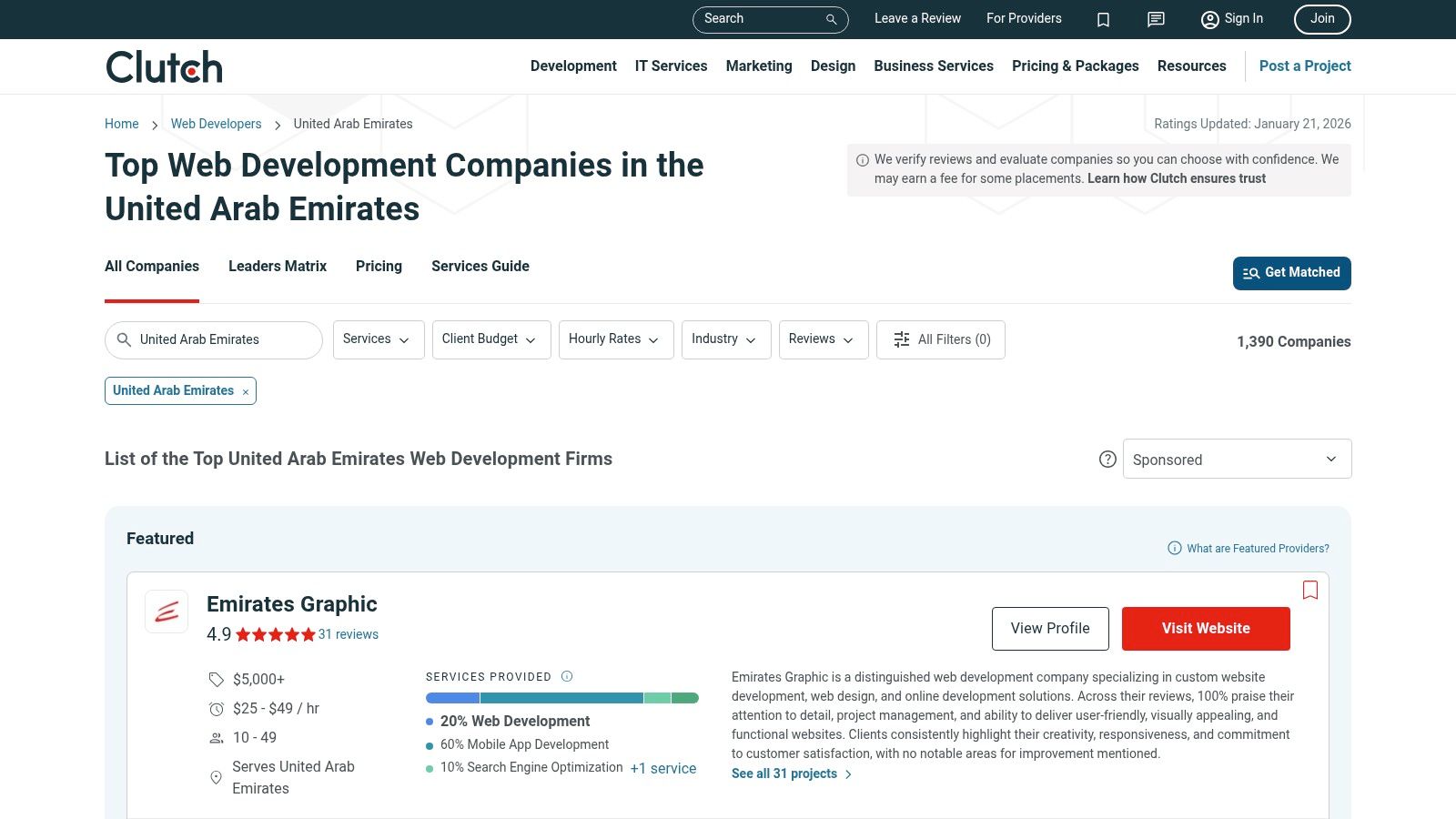 A screenshot of the Clutch platform showing a listing for a web development company in Abu Dhabi, highlighting reviews and services.
