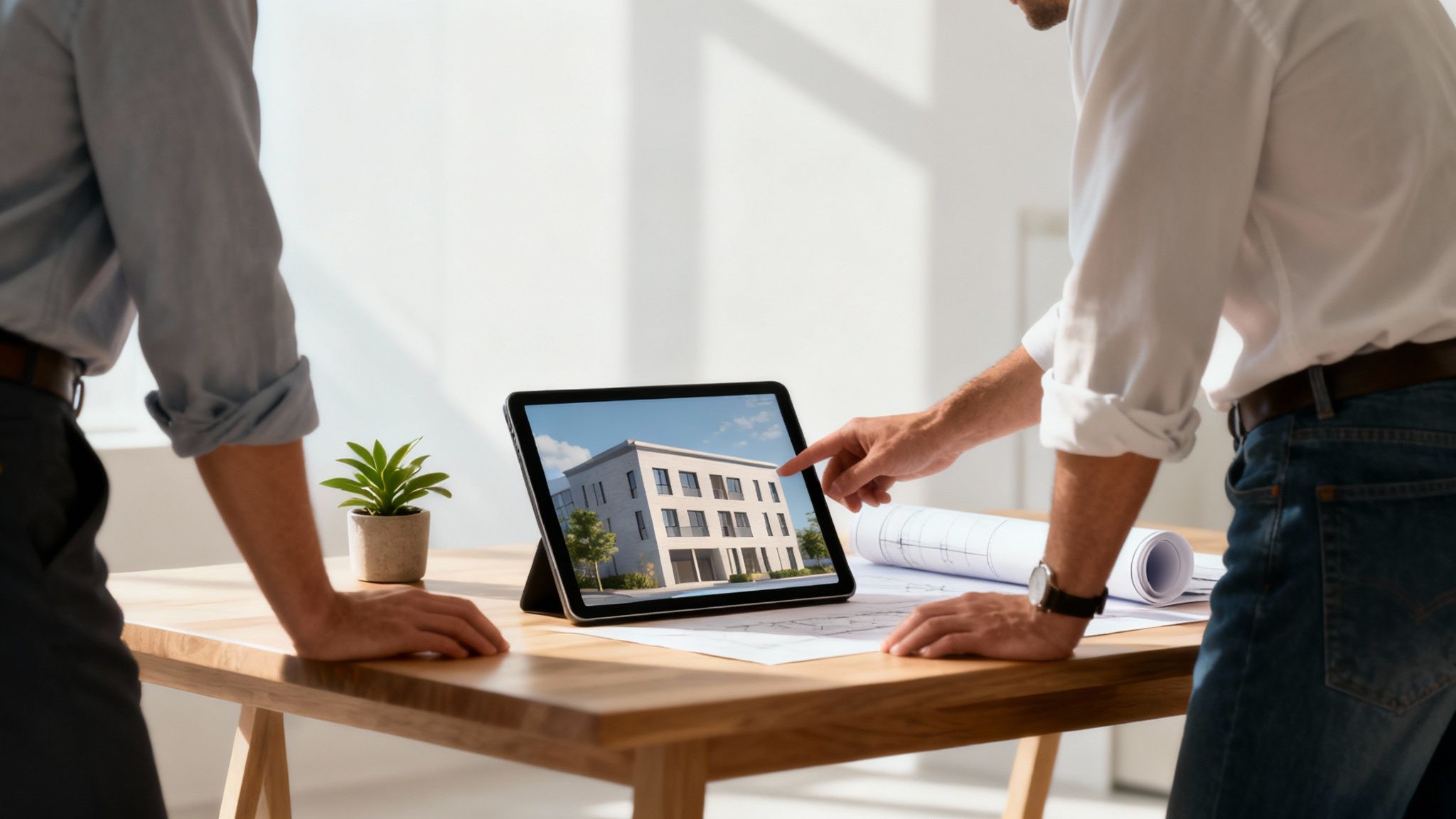 Un arquitecto revisando detalles constructivos en una tablet para una certificación energética.