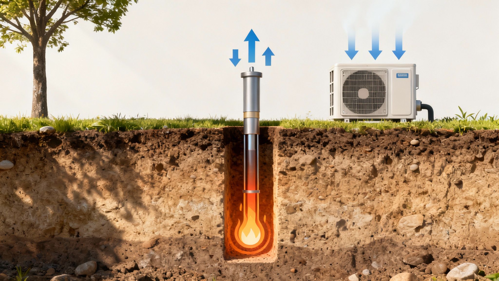 Diagrama del funcionamiento de la geotermia, extrayendo calor de la tierra.