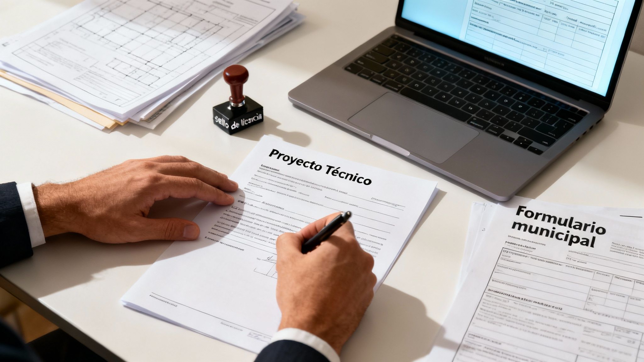 Certificados Energéticos | Normativa cambio de uso de local a vivienda en Valencia Persona firmando un documento de proyecto técnico, con ordenador y sello de licencia en una oficina.