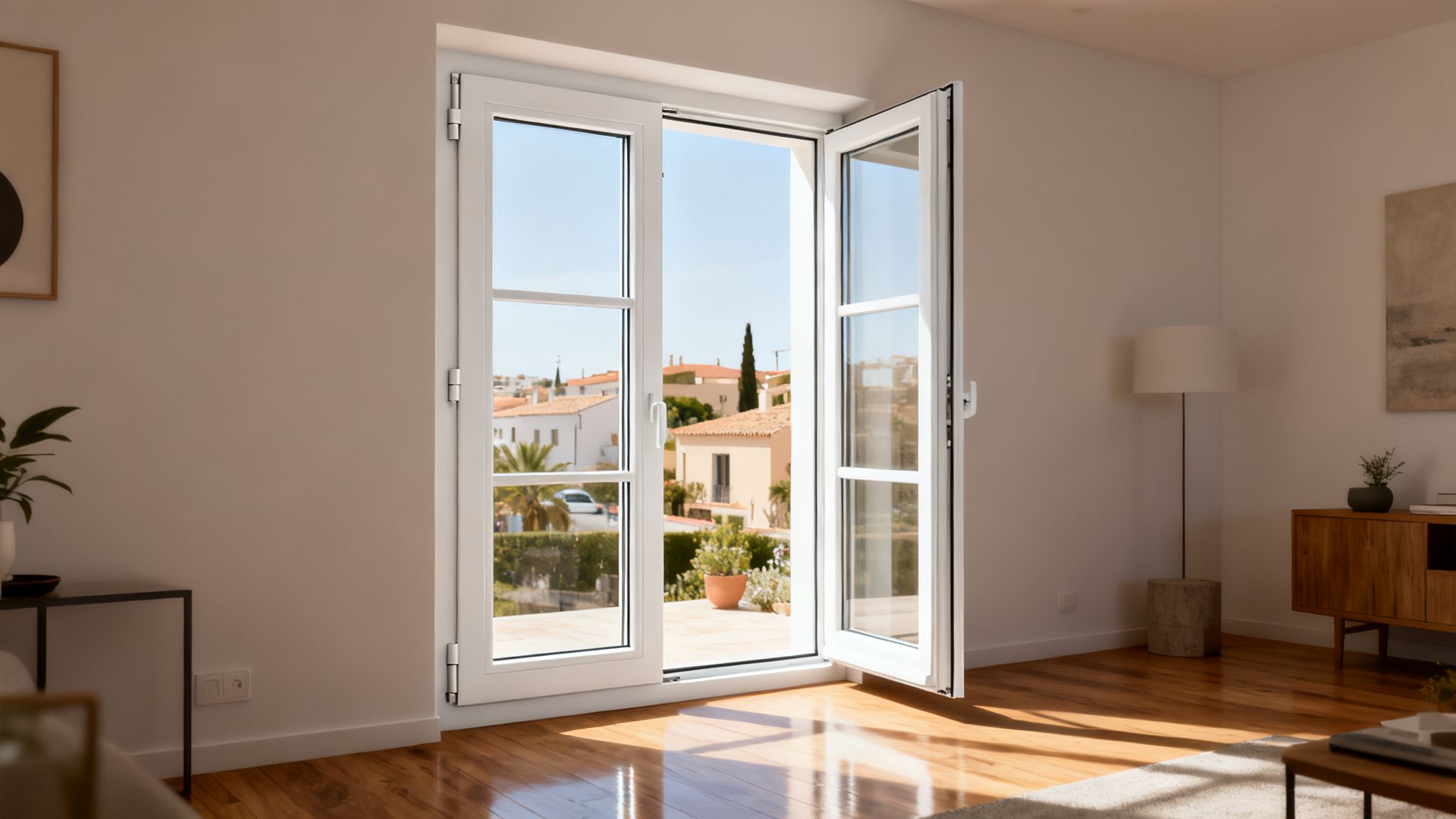 Certificados Energéticos | Cómo aislar ventanas correderas y Ahorrar energía en Valencia Una ventana doble abierta en un interior luminoso con vista a casas y un paisaje soleado.