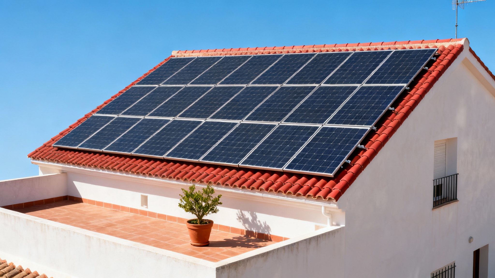 Certificados Energéticos | Instalaciones Solares de Autoconsumo: Ahorra con tu Sistema en Valencia Paneles solares instalados en el tejado de tejas rojas de una casa blanca, bajo cielo azul.