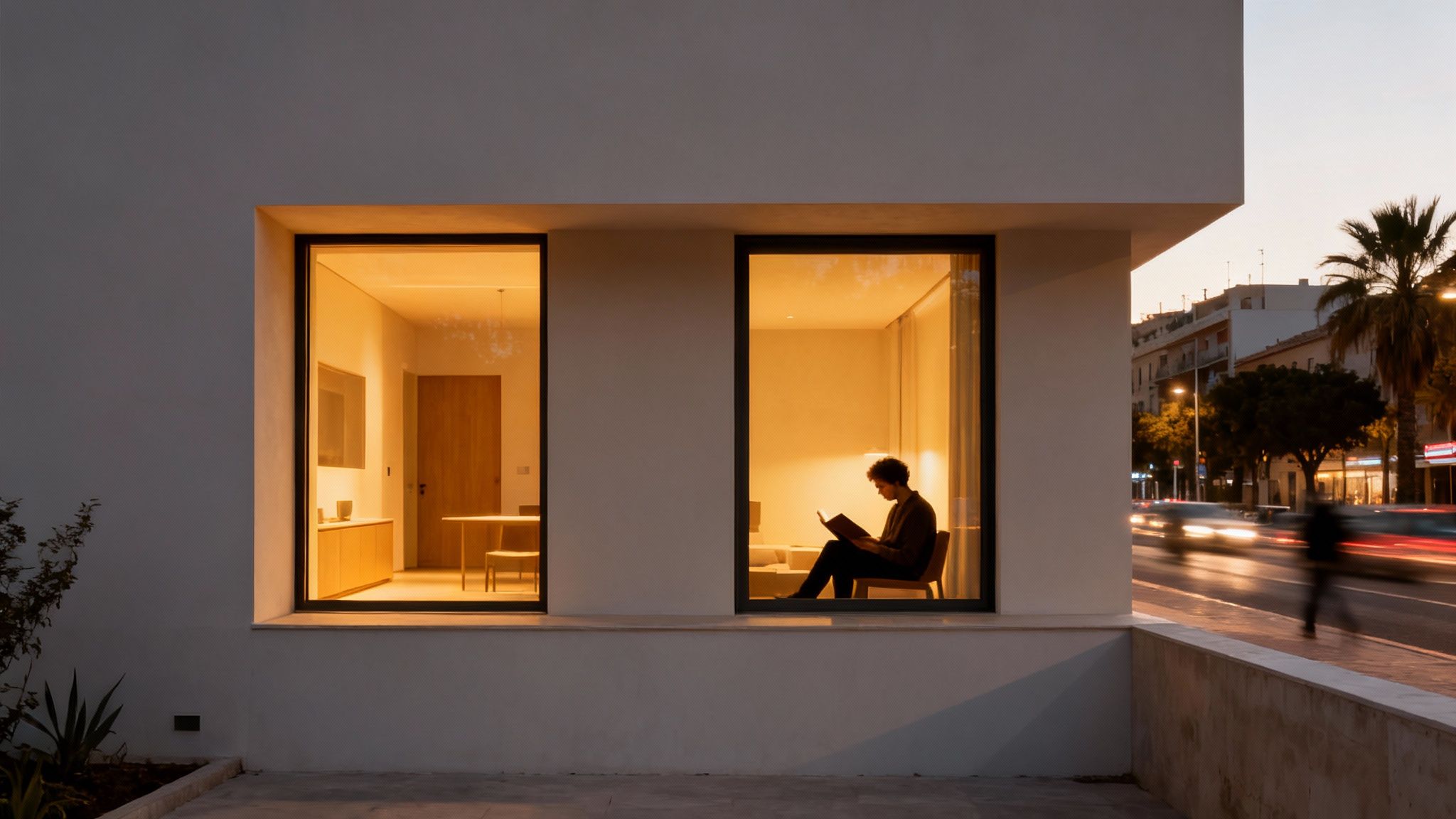 Certificados Energéticos | Aislamiento Acústico y Térmico en Valencia: Confort y Ahorro Persona leyendo tranquilamente en la ventana de una casa moderna al anochecer, con tráfico borroso en la calle.