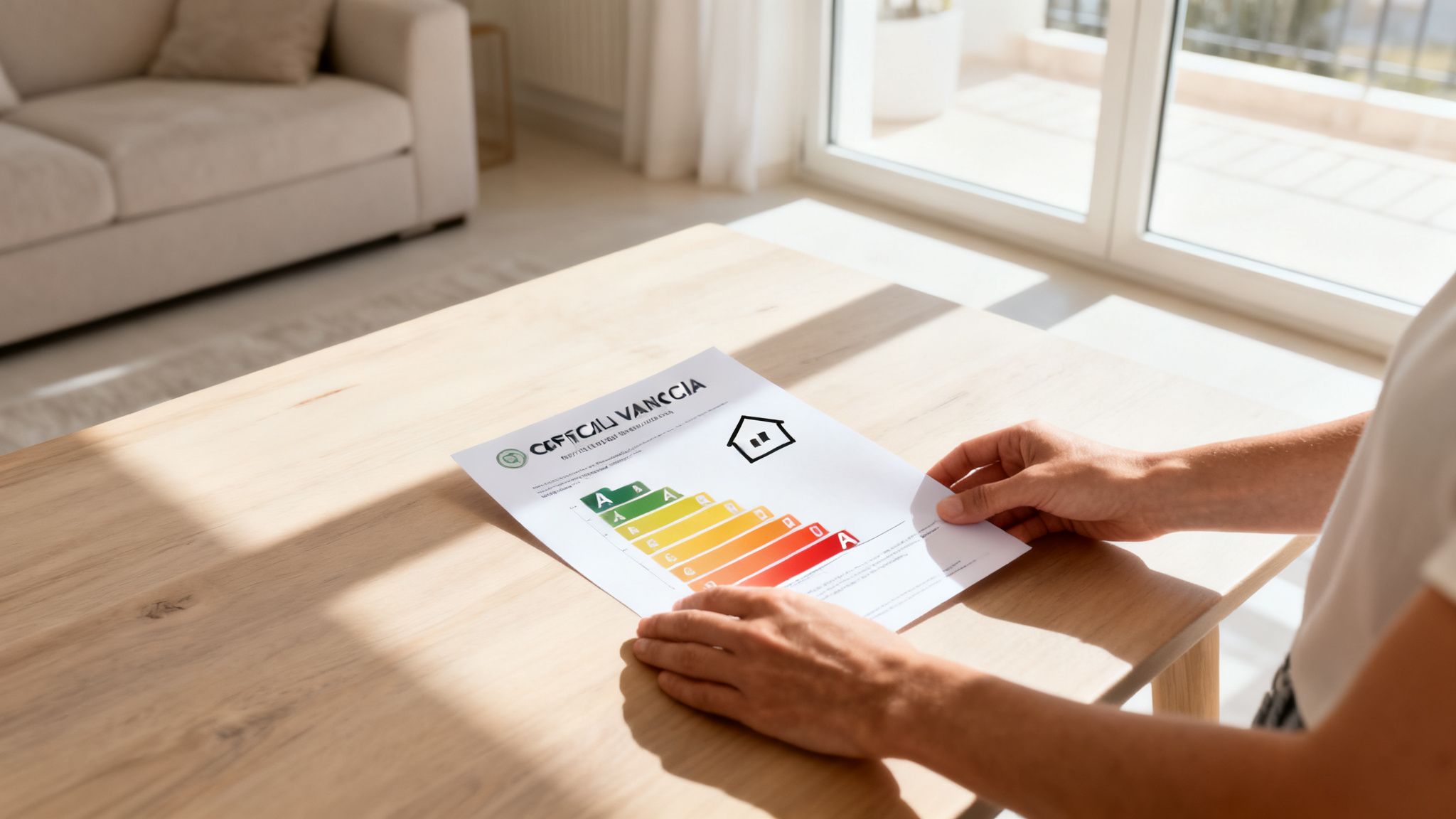 Certificados Energéticos | Certificado Energético Obligatorio en Valencia: Guía Rápida Persona sosteniendo un certificado energético de una vivienda sobre una mesa de madera clara.