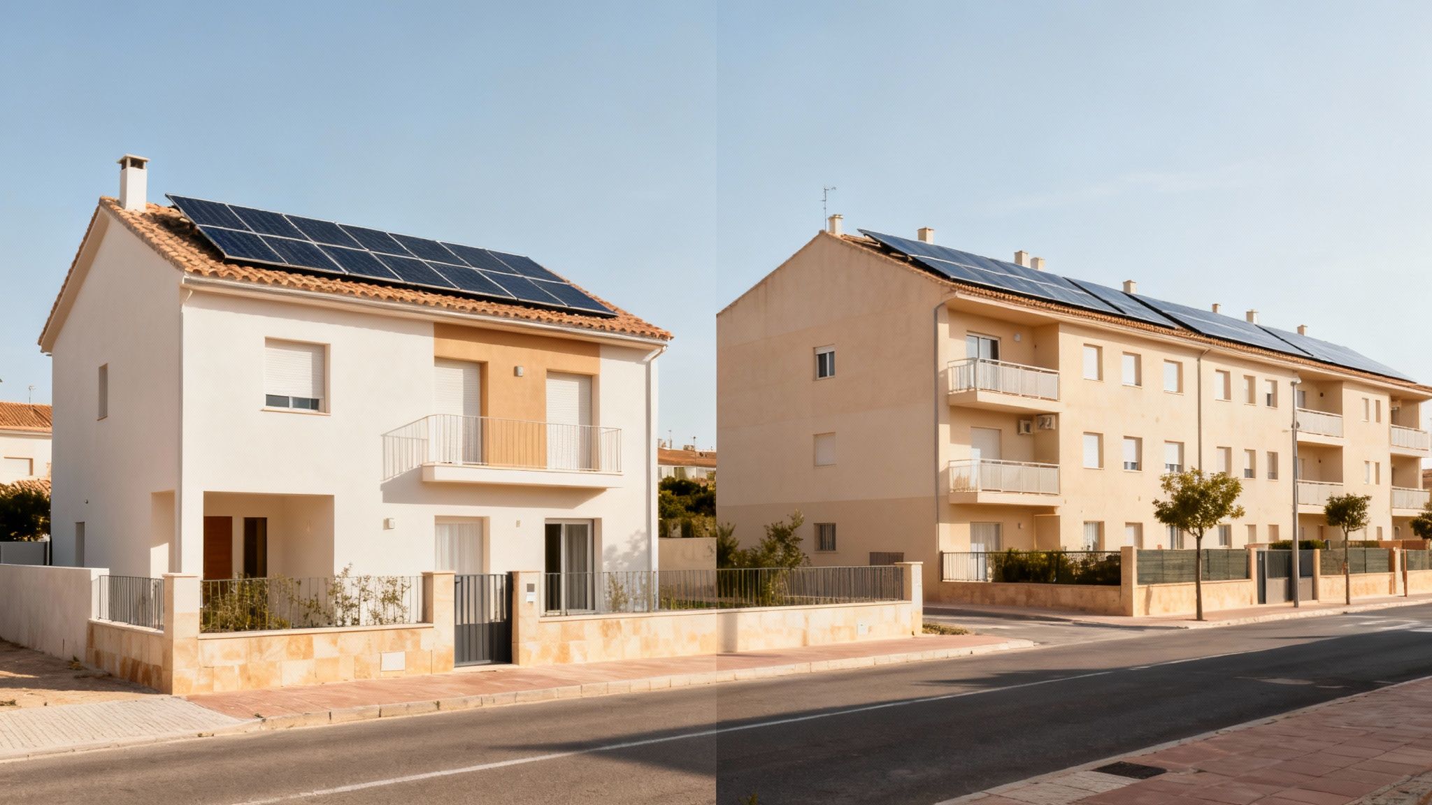 Certificados Energéticos | Guía Subvenciones Paneles Solares Valencia Casas y edificio con paneles solares en los tejados, mostrando energía renovable en un entorno urbano.