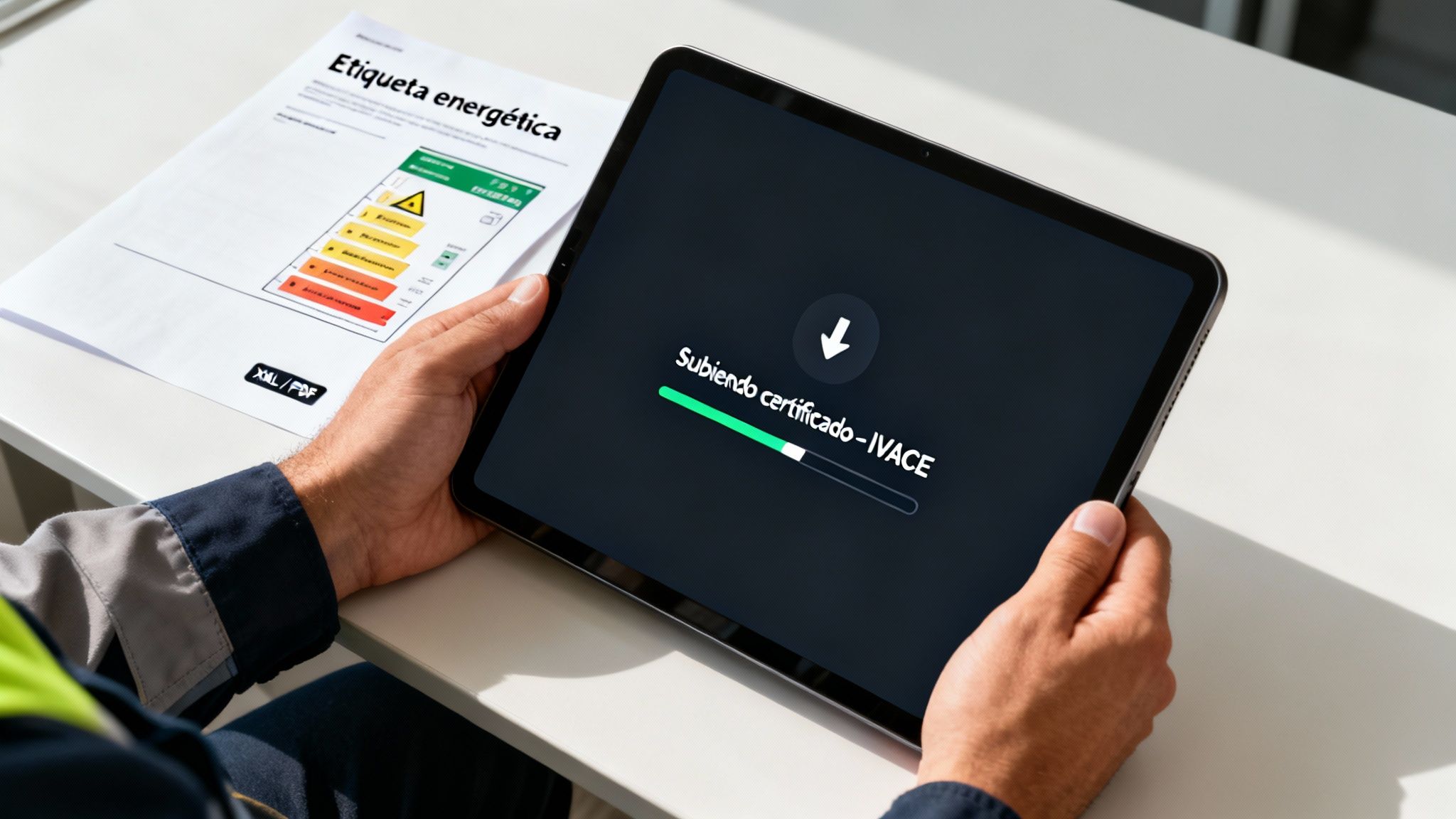 Certificados Energéticos | Guía del Registro General de Certificados de Eficiencia Energética en Valencia Persona subiendo certificado energético IVACE desde una tablet, con etiqueta energética en papel al lado.