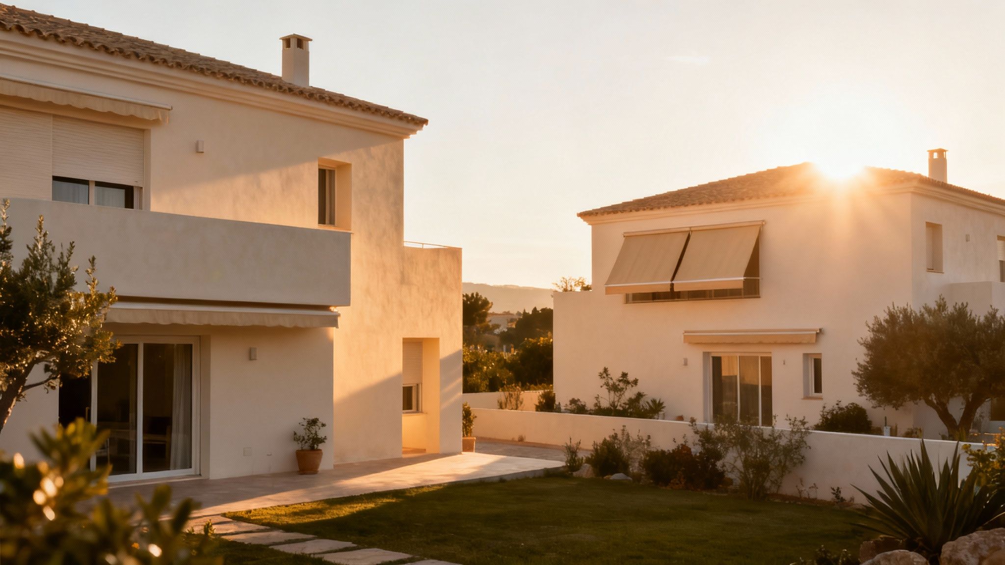 Certificados Energéticos | Cuál es la Mejor orientación para una casa para Ahorrar Energía Dos casas modernas encaladas con techos de tejas, jardines y luz solar cálida al atardecer.