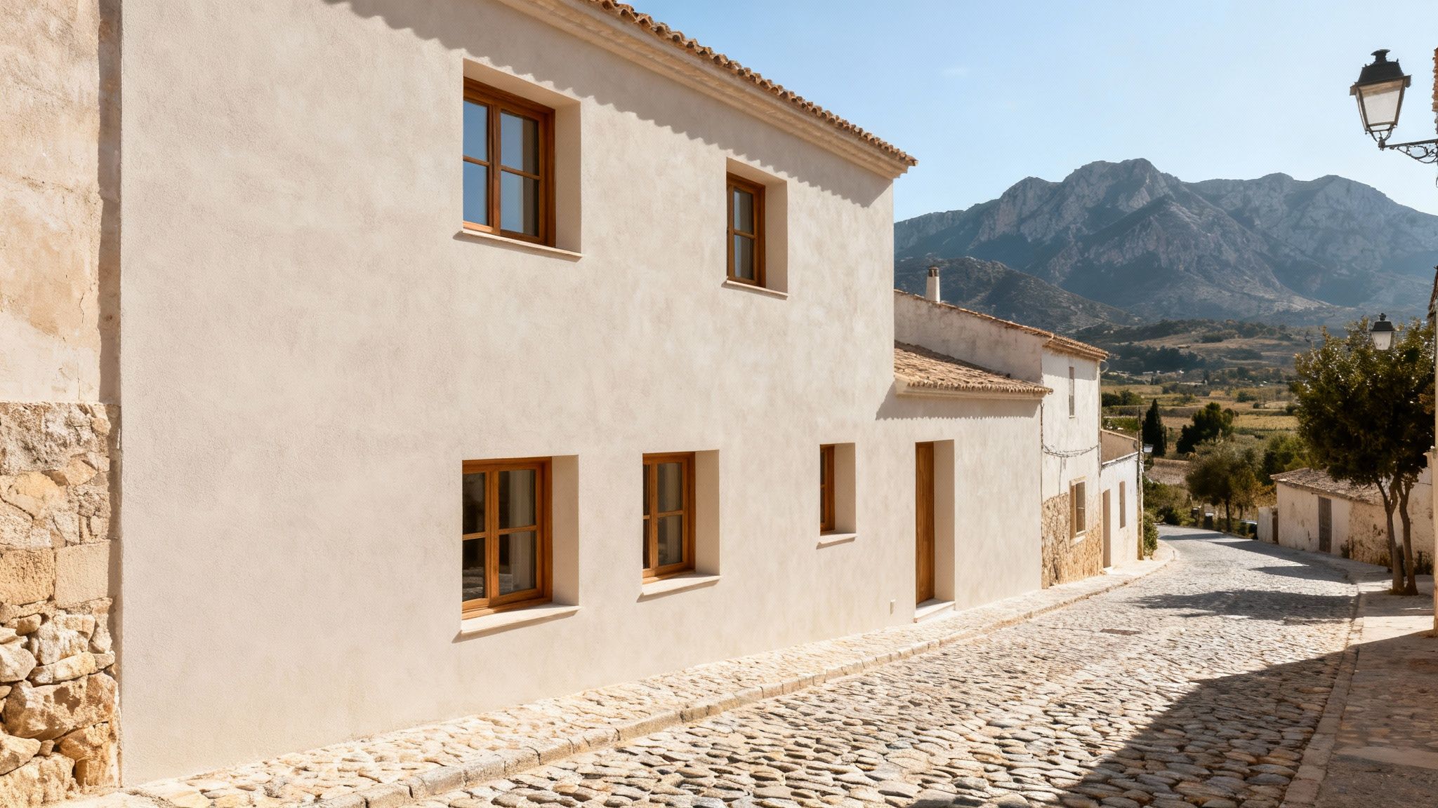 Certificados Energéticos | Subvención Cambio Ventanas Comunidad Valenciana 2026 – Guía Calle empedrada en un pueblo español con edificios tradicionales, ventanas de madera y montañas al fondo.