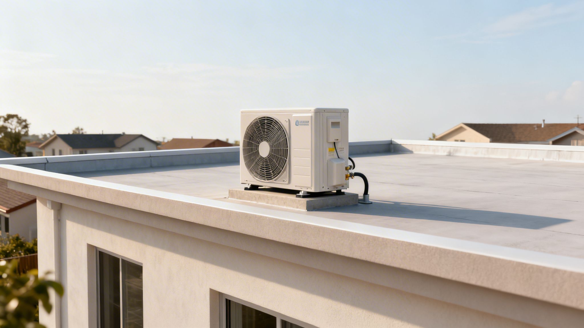 Certificados Energéticos | Evita la multa por instalar aire acondicionado sin certificado en Valencia Unidad exterior de aire acondicionado blanco instalada en la azotea plana de una casa moderna en Valencia.