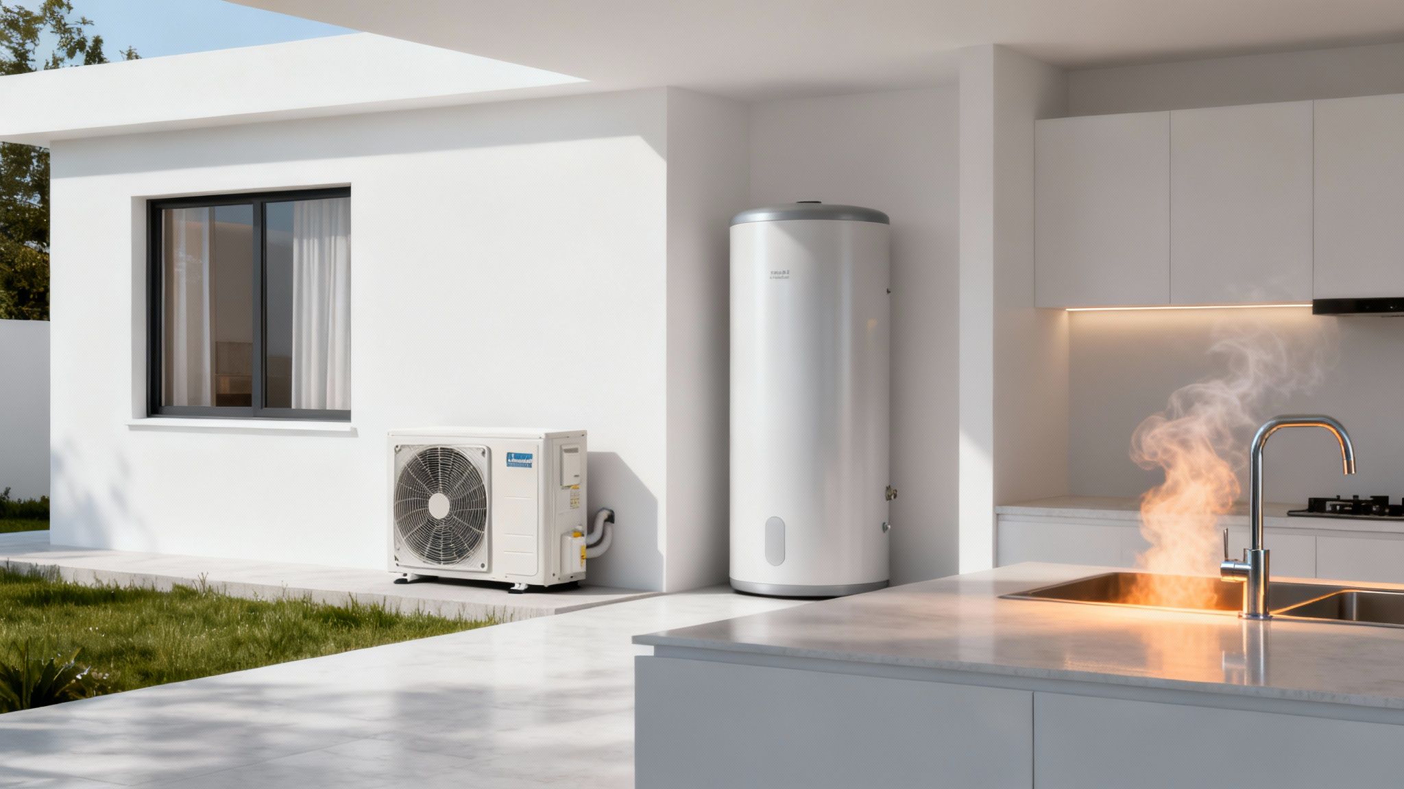 Certificados Energéticos | Aerotermia para agua caliente sanitaria: Guía Completa Bomba de calor aerotérmica y calentador de agua en un hogar moderno con cocina y jardín.