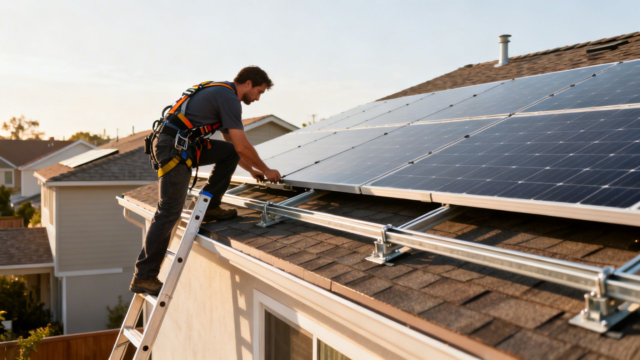 Certificados Energéticos | Guía de instalacion solar autoconsumo: Qué necesitas en Valencia Un instalador con arnés de seguridad instala paneles solares en el tejado de una casa residencial al atardecer.