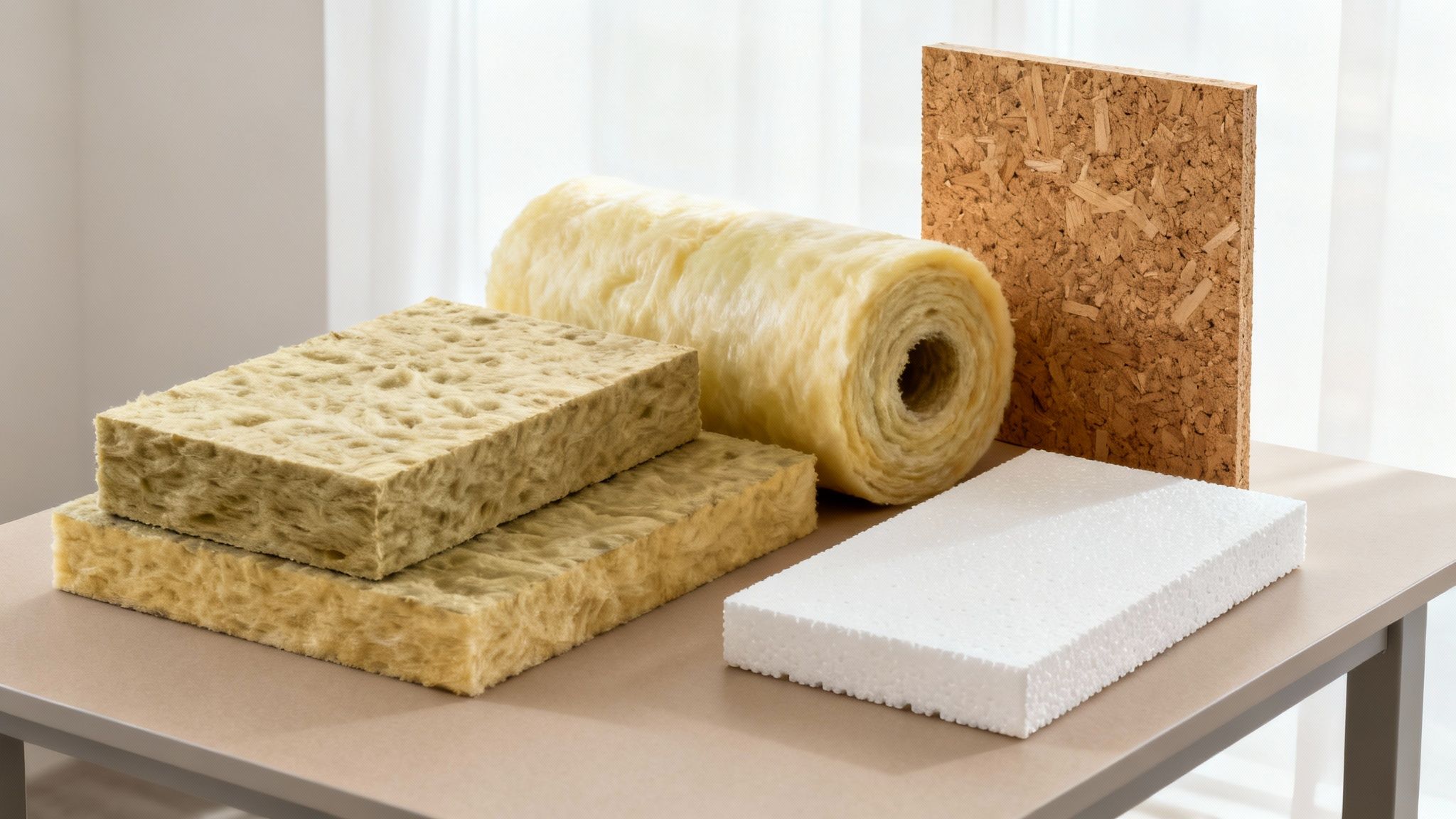 Certificados Energéticos | Aislamiento Acústico y Térmico en Valencia: Confort y Ahorro Materiales de aislamiento térmico y acústico en una mesa: lana de roca, rollo de lana de vidrio, tablero OSB y poliestireno.