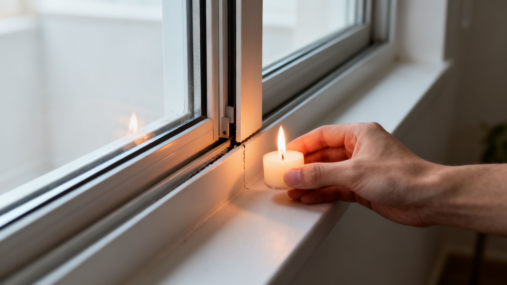 Certificados Energéticos | Cómo aislar ventanas correderas y Ahorrar energía en Valencia Mano sosteniendo una vela encendida cerca de una ventana para detectar corrientes de aire.