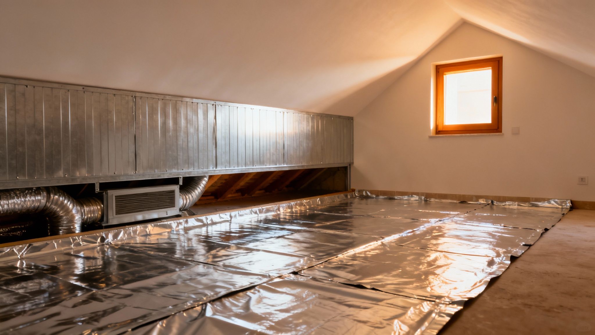 Certificados Energéticos | Aislamiento Térmico Reflexivo: Ahorra en Valencia Instalación de aislamiento térmico reflexivo en ático con láminas metalizadas y sistema de ventilación