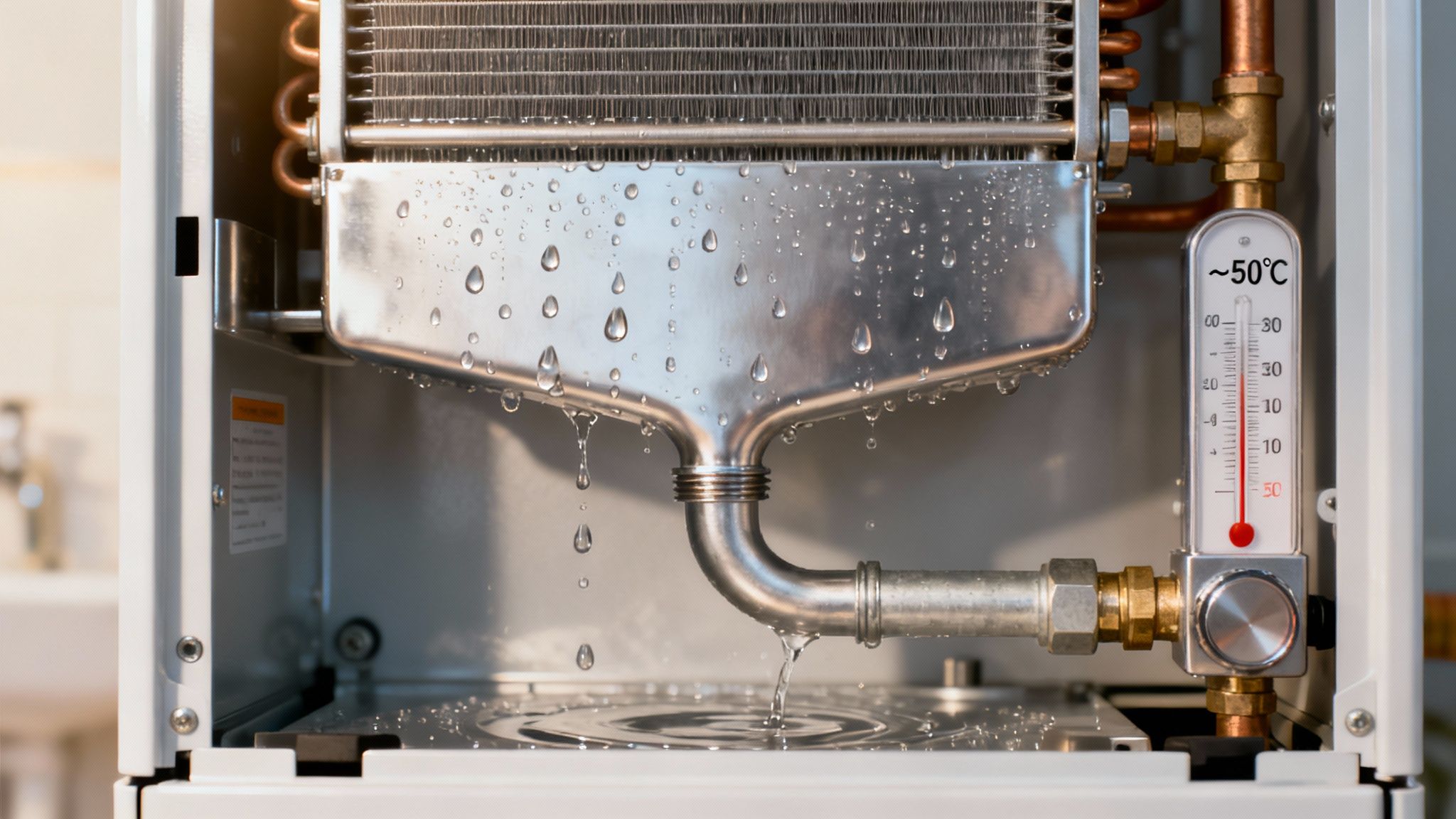 Certificados Energéticos | Calderas de condensación en Valencia: Guía de Ahorro Primer plano de una unidad de condensación con agua goteando de un intercambiador de calor y un termómetro que muestra baja temperatura.