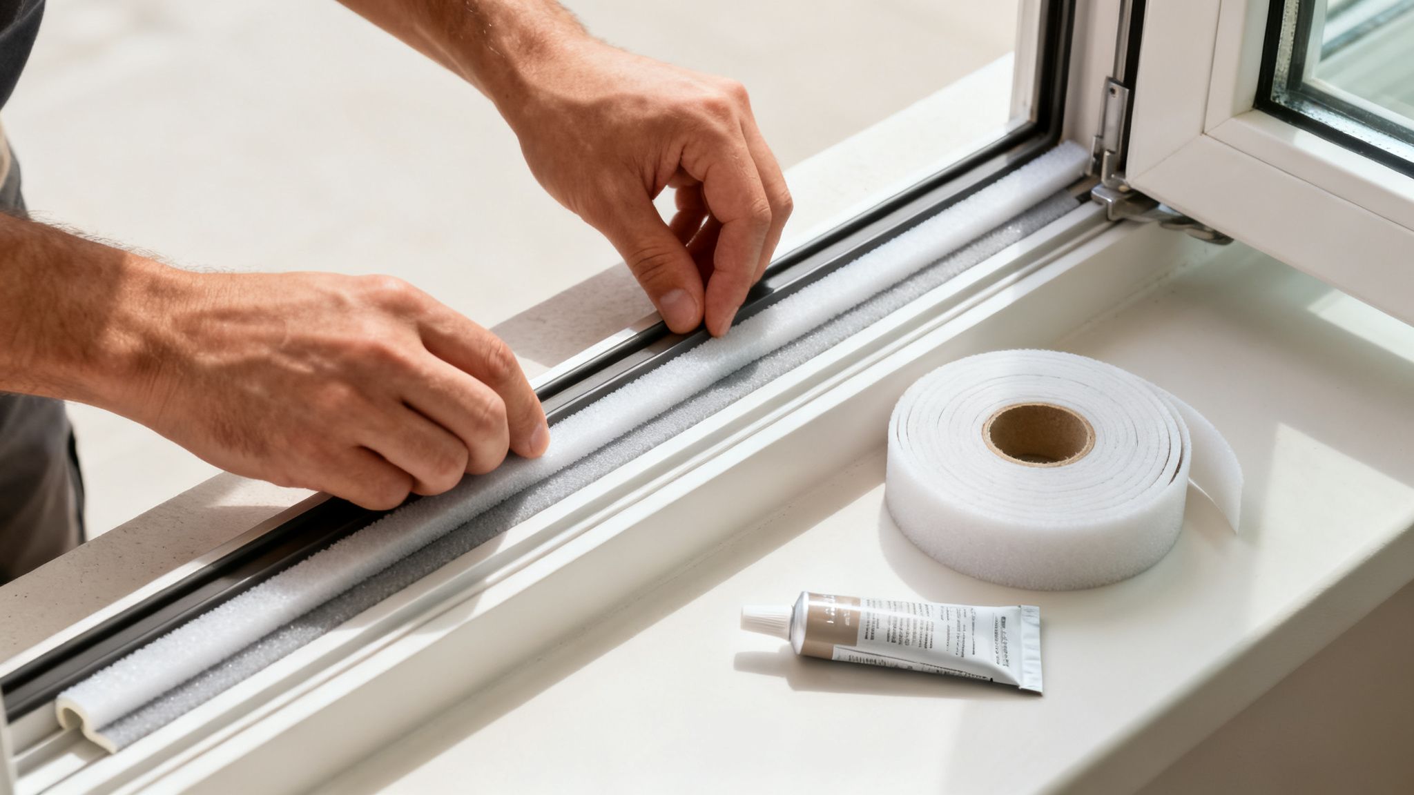 Certificados Energéticos | Cómo aislar ventanas correderas y Ahorrar energía en Valencia Manos instalando burletes de espuma en el marco de una ventana corredera para mejorar el aislamiento térmico.