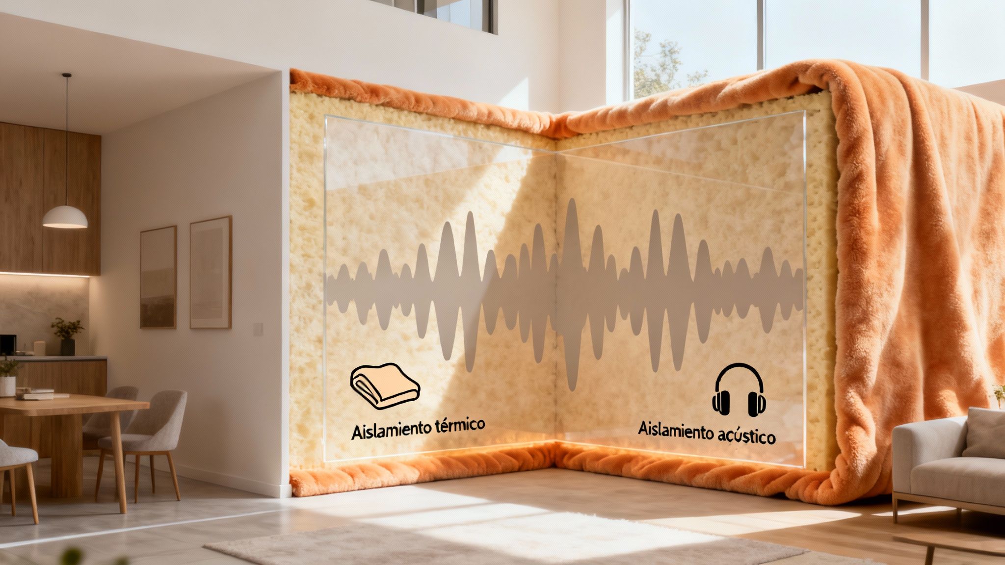 Certificados Energéticos | Guía de aislamientos térmicos y acústicos en Valencia Interior de una casa moderna mostrando la importancia del aislamiento térmico y acústico en las paredes para mayor confort.