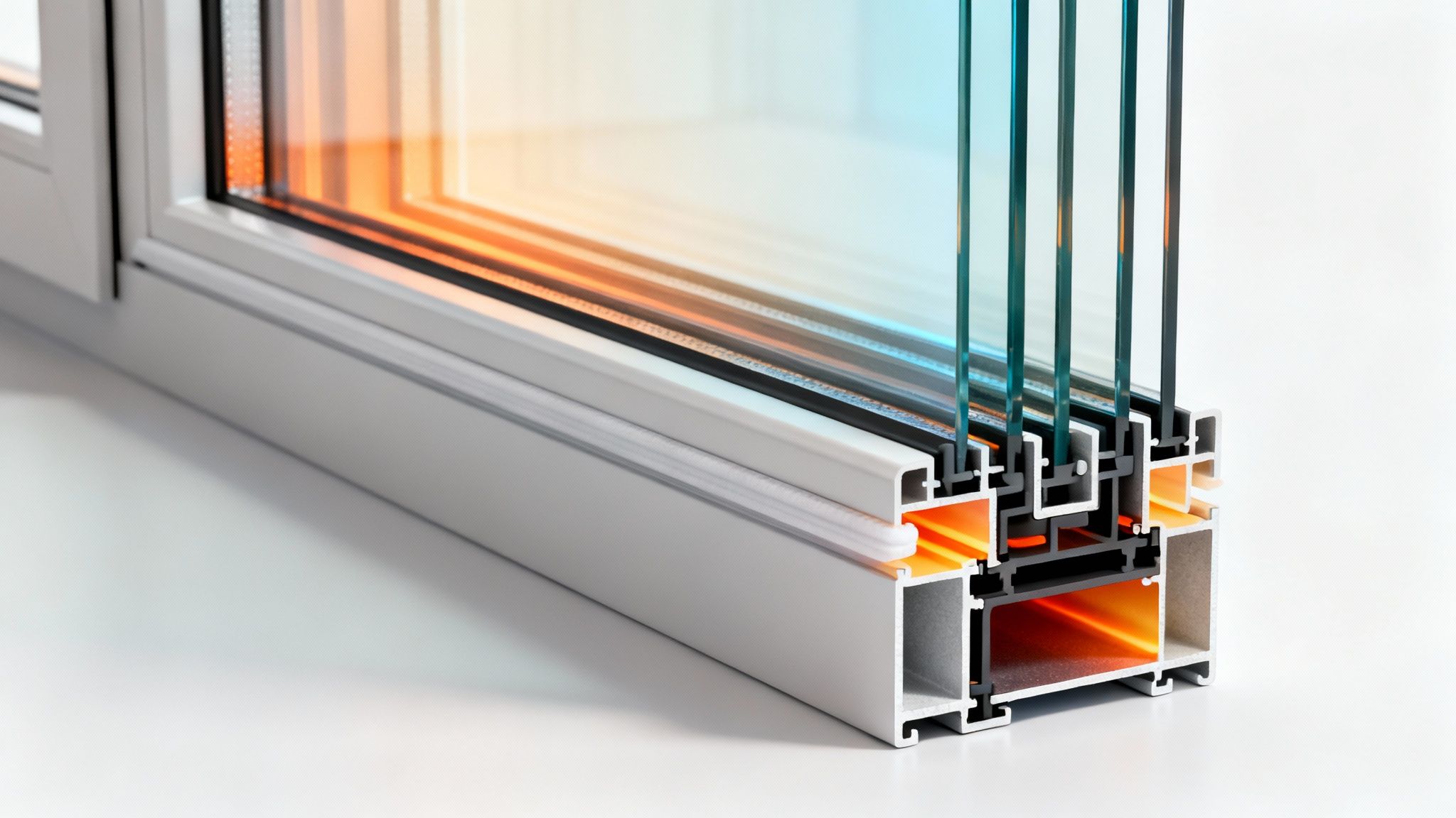 Certificados Energéticos | Transmitancia térmica ventanas: Ahorra en Valencia Corte transversal detallado de una ventana de alta eficiencia energética con múltiples vidrios y aislamiento térmico, mostrando la retención de calor.