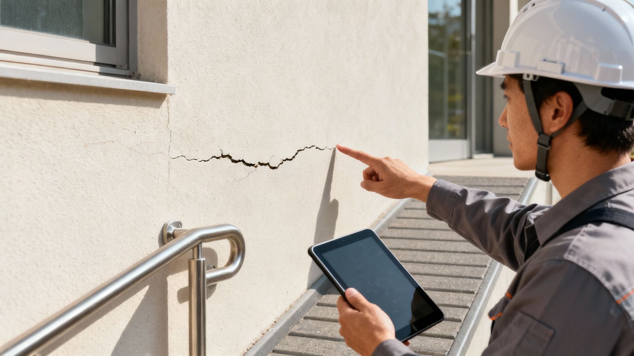 Un técnico cualificado realiza una inspección de la fachada de un edificio en Valencia como parte del informe de evaluación de edificios.