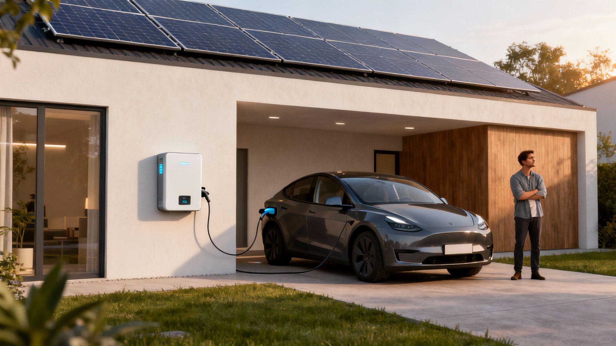 Certificados Energéticos | Guía Definitiva: Cálculo de Placas Solares en Valencia Un hombre observa su Tesla cargando en una casa moderna con paneles solares y un cargador EV.