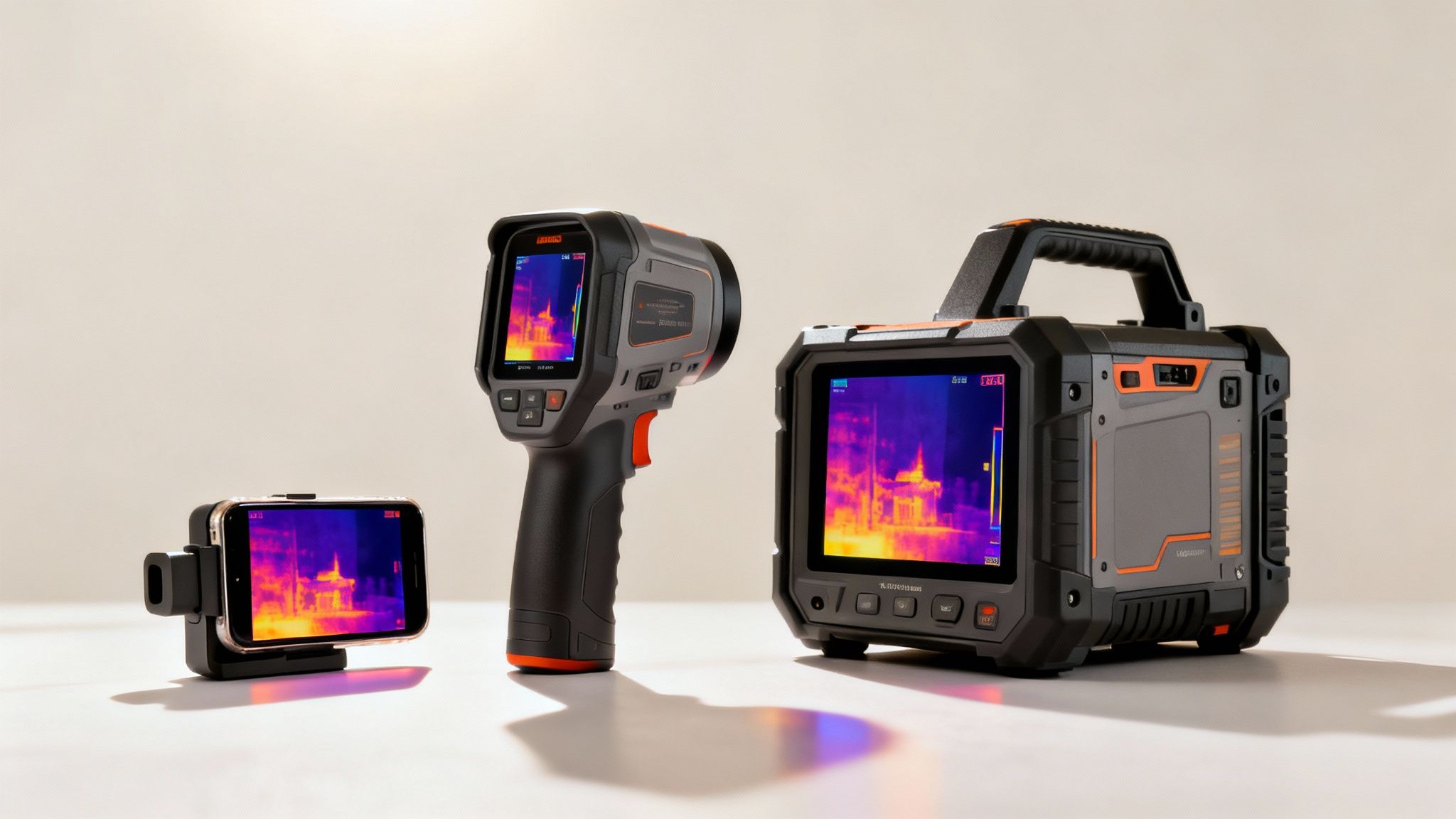 Certificados Energéticos | Precio cámara termográfica: Guía para elegir la mejor para tu vivienda Tres cámaras termográficas modernas, incluyendo un accesorio de smartphone, una cámara de mano y una unidad portátil, muestran imágenes térmicas coloridas.